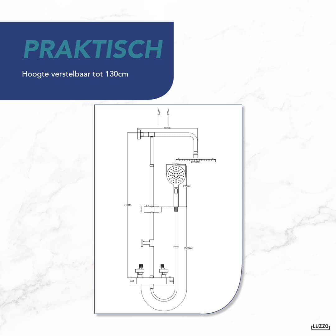 Luzzo® 25 cm Regendouche met Thermostaatkraan - Zwart