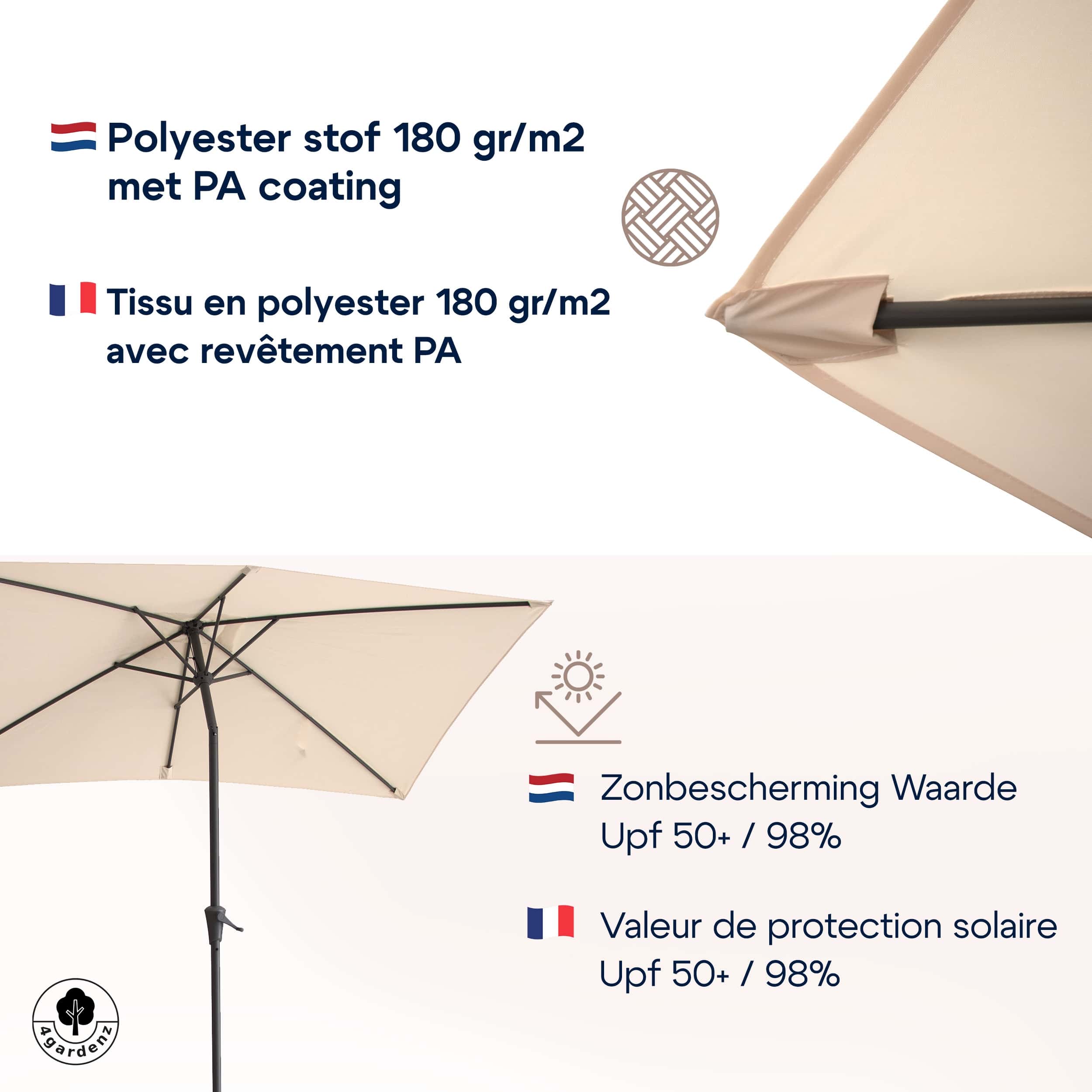 4gardenz® Parasol Rechthoek 150X250cm Kantelbaar - Balkonparasol Creme