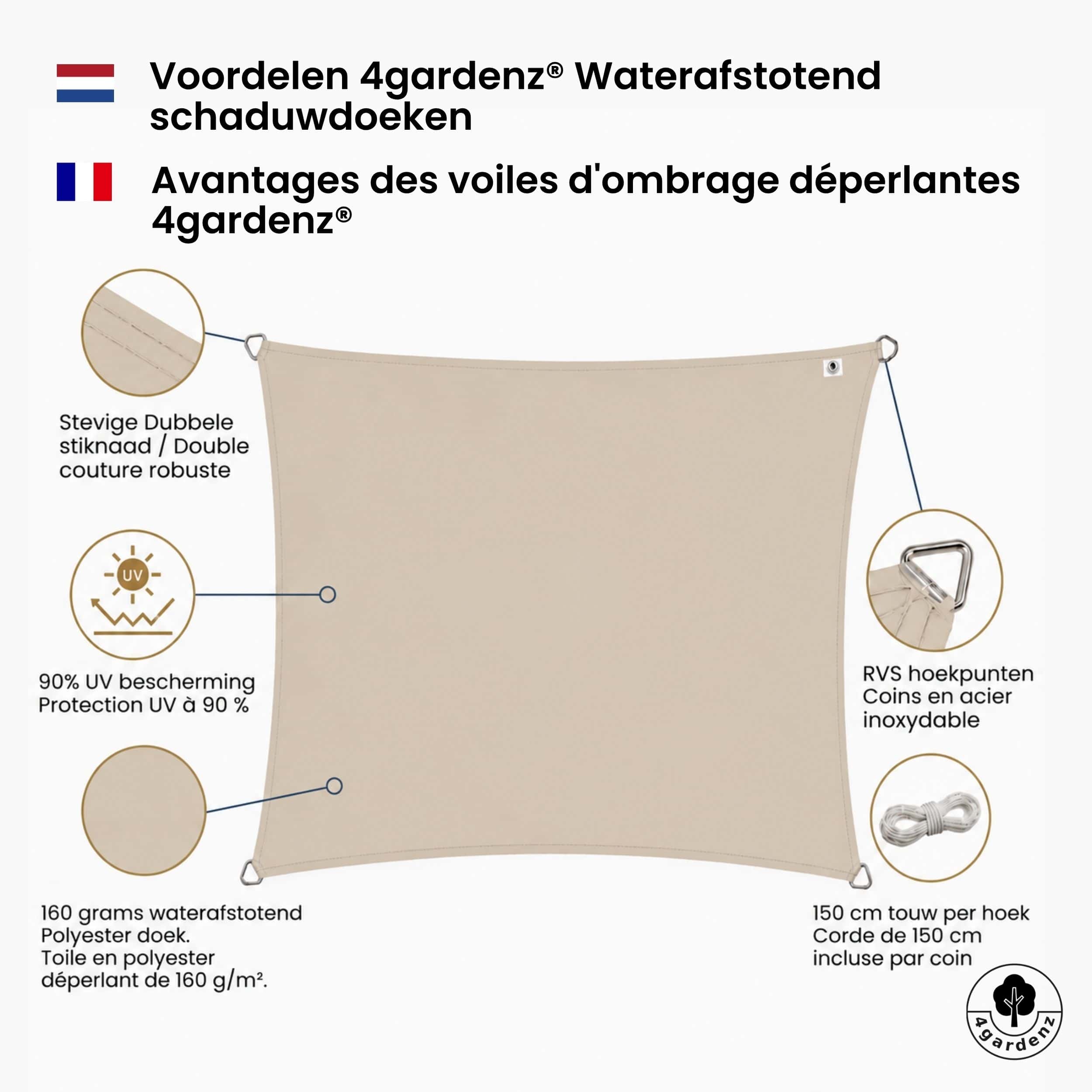 4gardenz Schaduwdoek Waterafstotend Rechthoek 2x4 mtr - Zand 4gardenz Schaduwdoek Waterafstotend Rechthoek 2x4 mtr - Zand