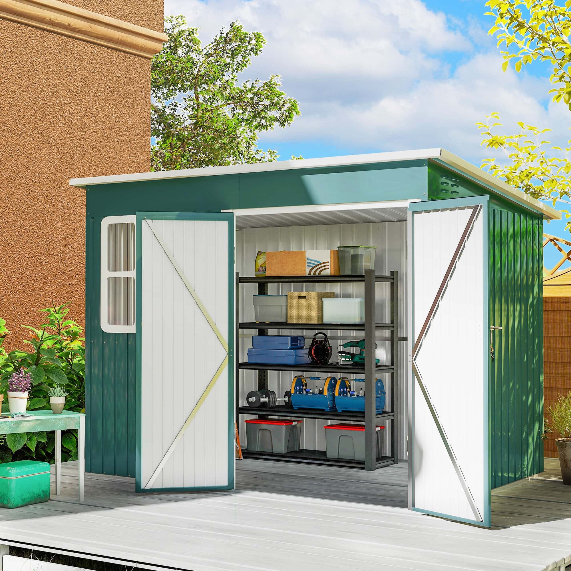 4goodz Metalen Tuinschuur - Raam en Deuren - 177x260x190 cm - Groen