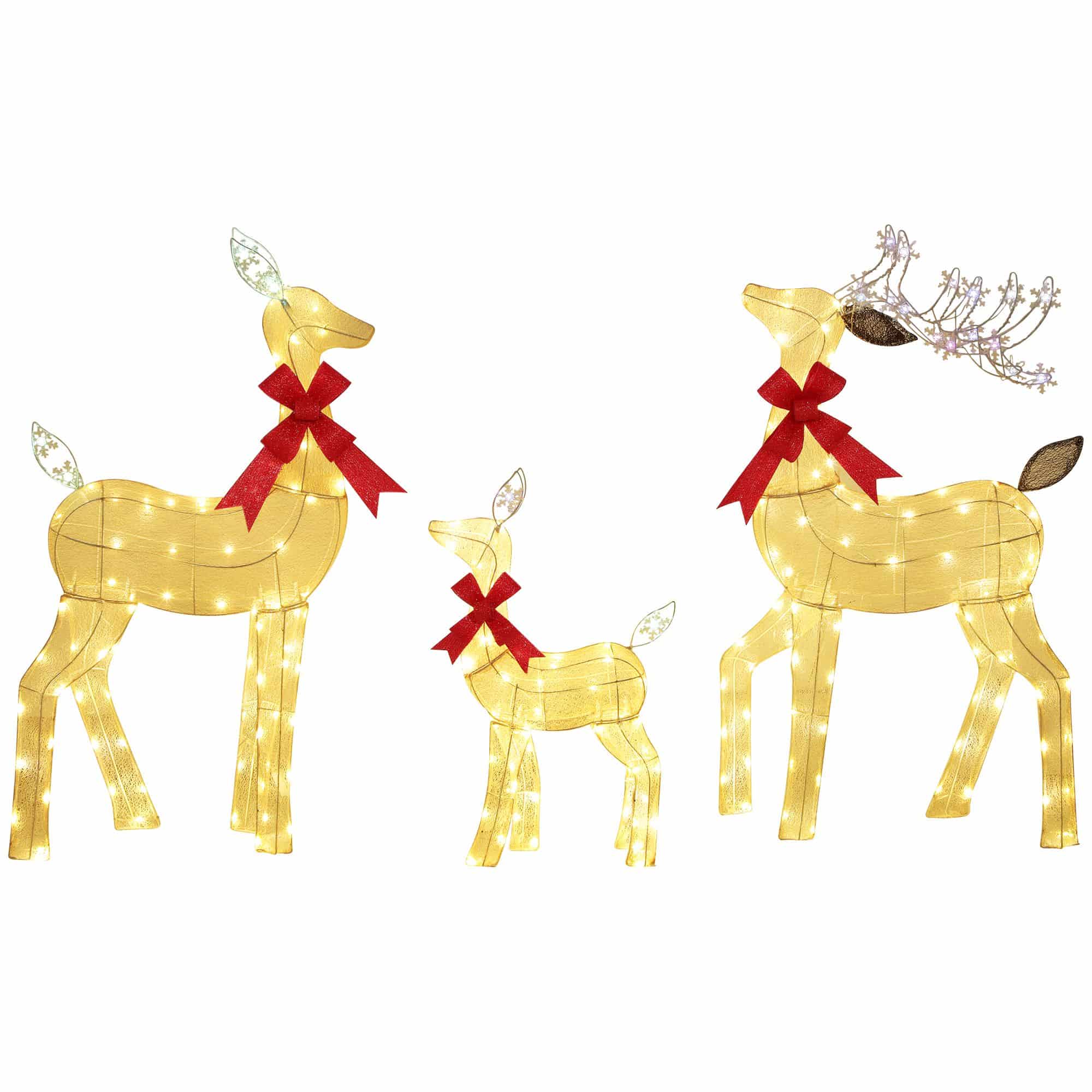 Set van 3 Rendieren met rode strik met LED Verlichting - Goud