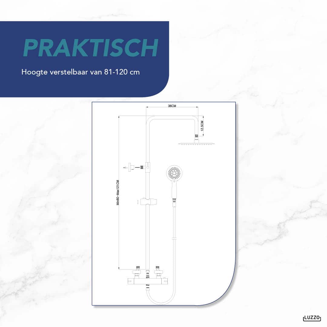 Luzzo® PVD Regendouche Brushed Brass met thermostaatkraan - 25cm