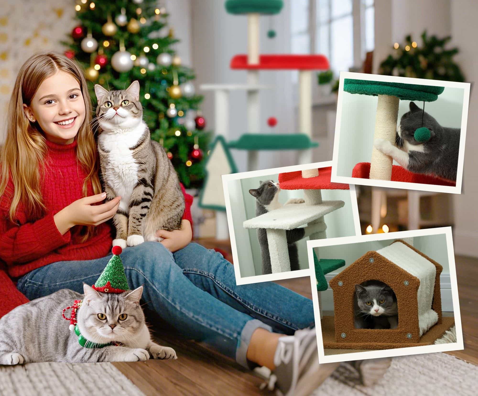 4goodz Katten Krabpaal in Kerst sfeer met kattenhuis springplatforms 4goodz Katten Krabpaal in Kerst sfeer met kattenhuis springplatforms