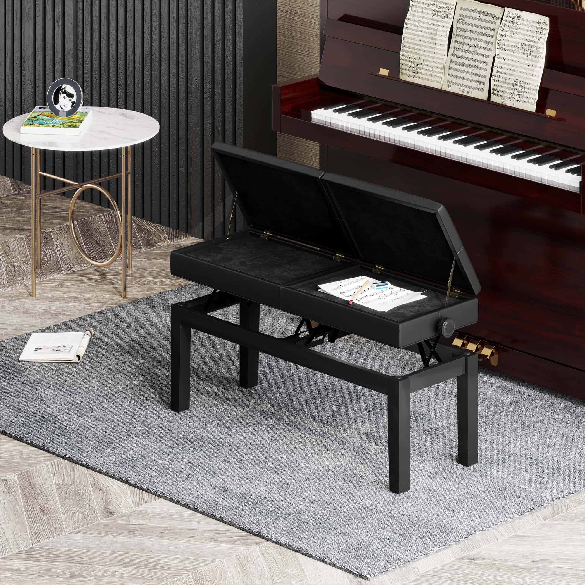 4goodz Pianobank met Verstelbare Dubbele Zitplaats en Opbergruimte - Kunstleer Zwart