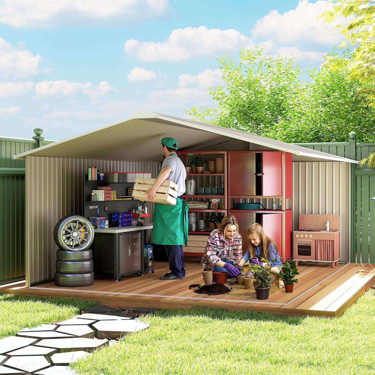 Grote Tuinschuur 22 m³ Weerbestendig met Schuifdeuren - Lichtgrijs