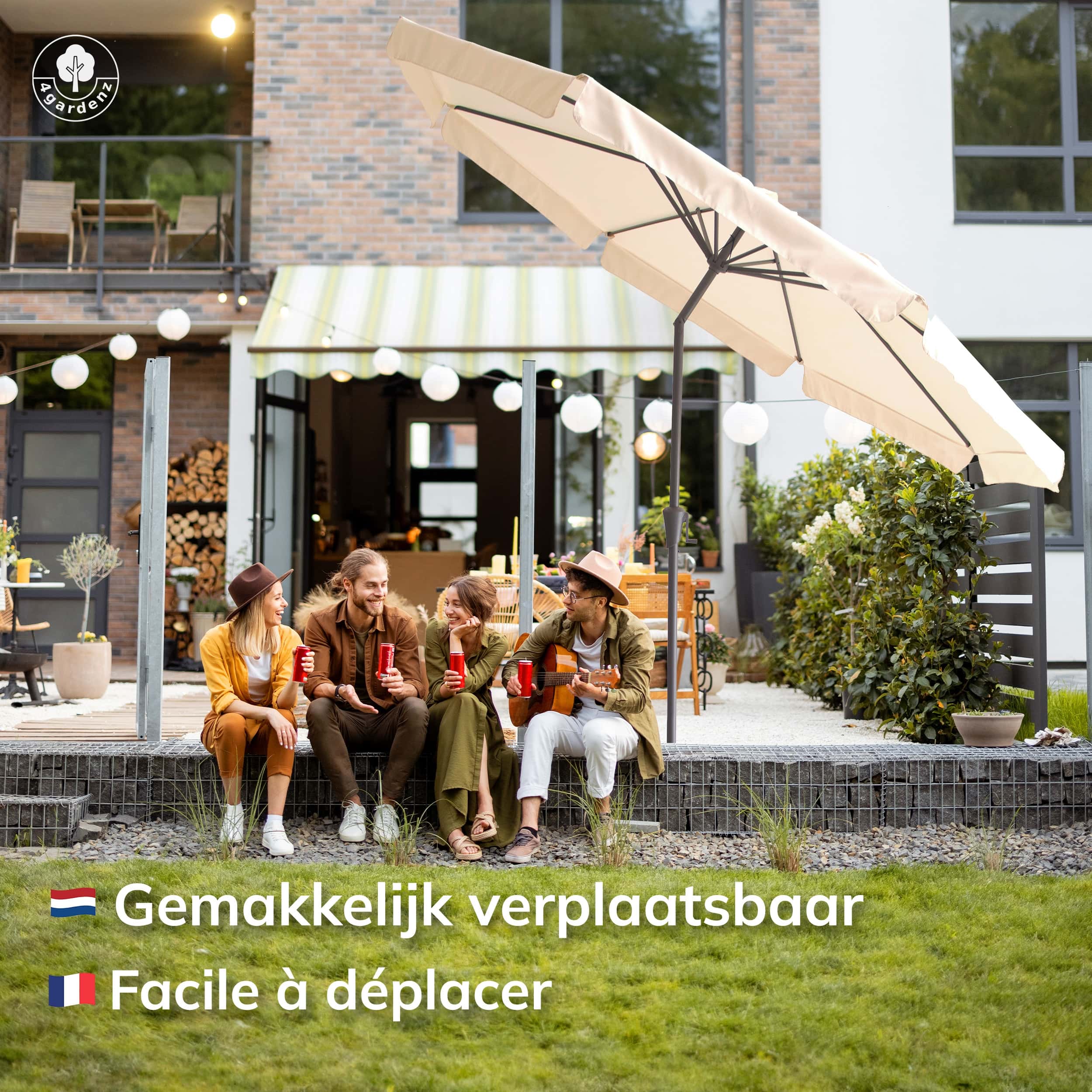 4gardenz® Parasol Rond 300 cm met Volant - Kantelbaar - UPF50+ - Creme