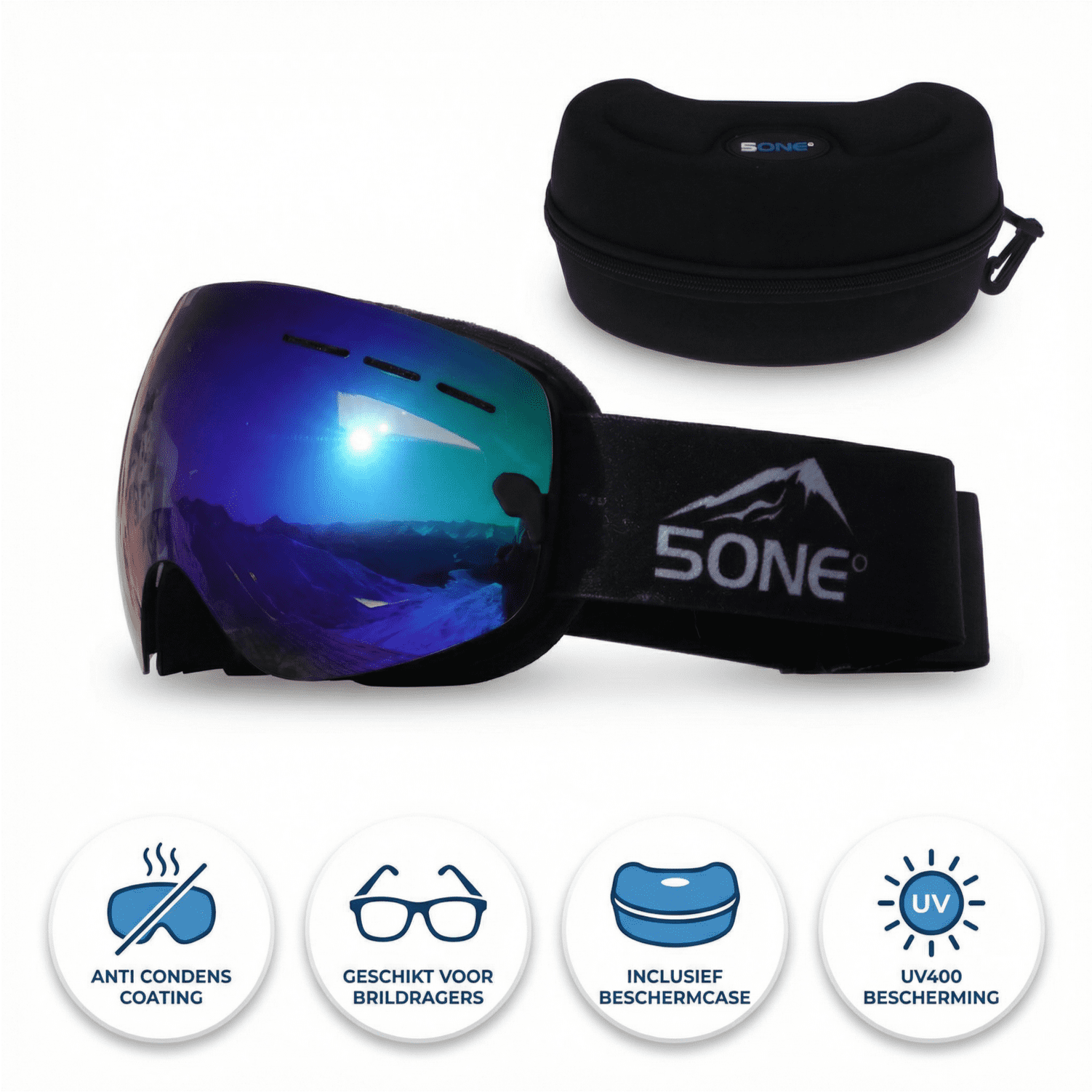 5one® Alpine 1 Blue anti-condens Skibril met hardcase - Zwart frame