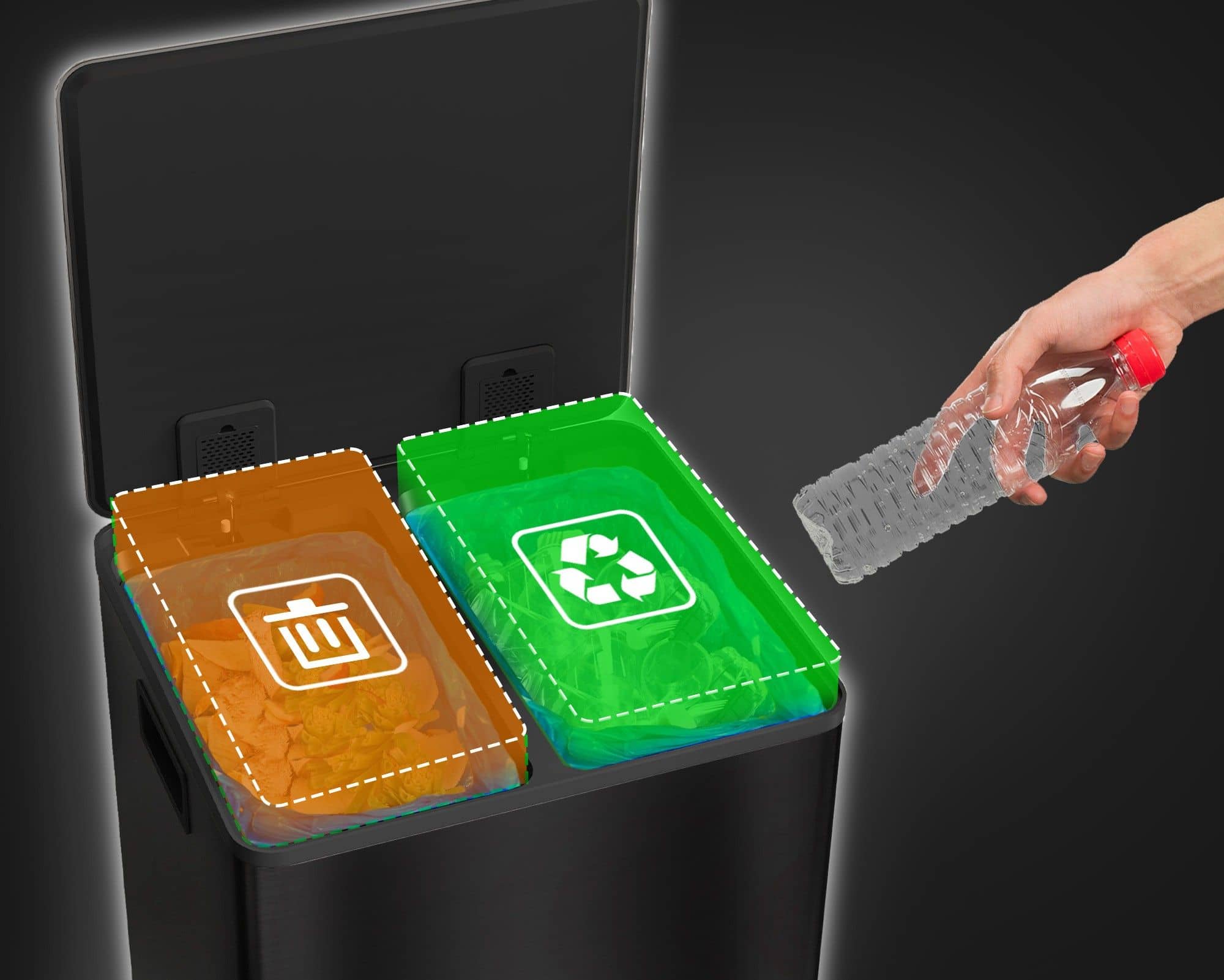 Pedaalemmer met 2x25L compartimenten - Soft-Close deksel - Zwart