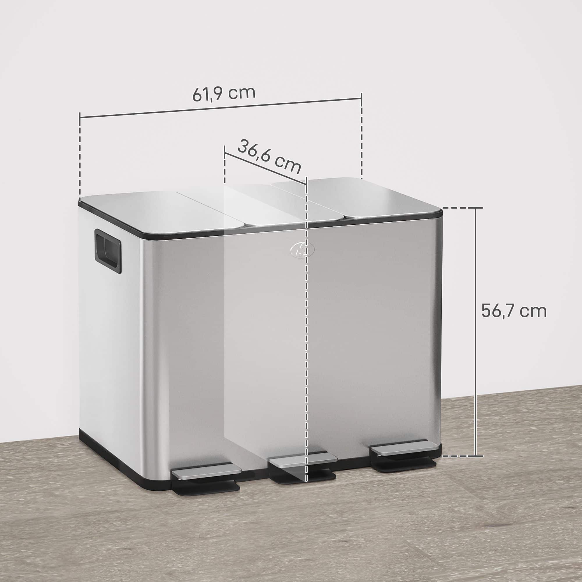 Homcom Pedaalemmer Afvalscheiding 3 x 20L - Geurfilter - Soft-Close - emmers uitneembaar - Zilver