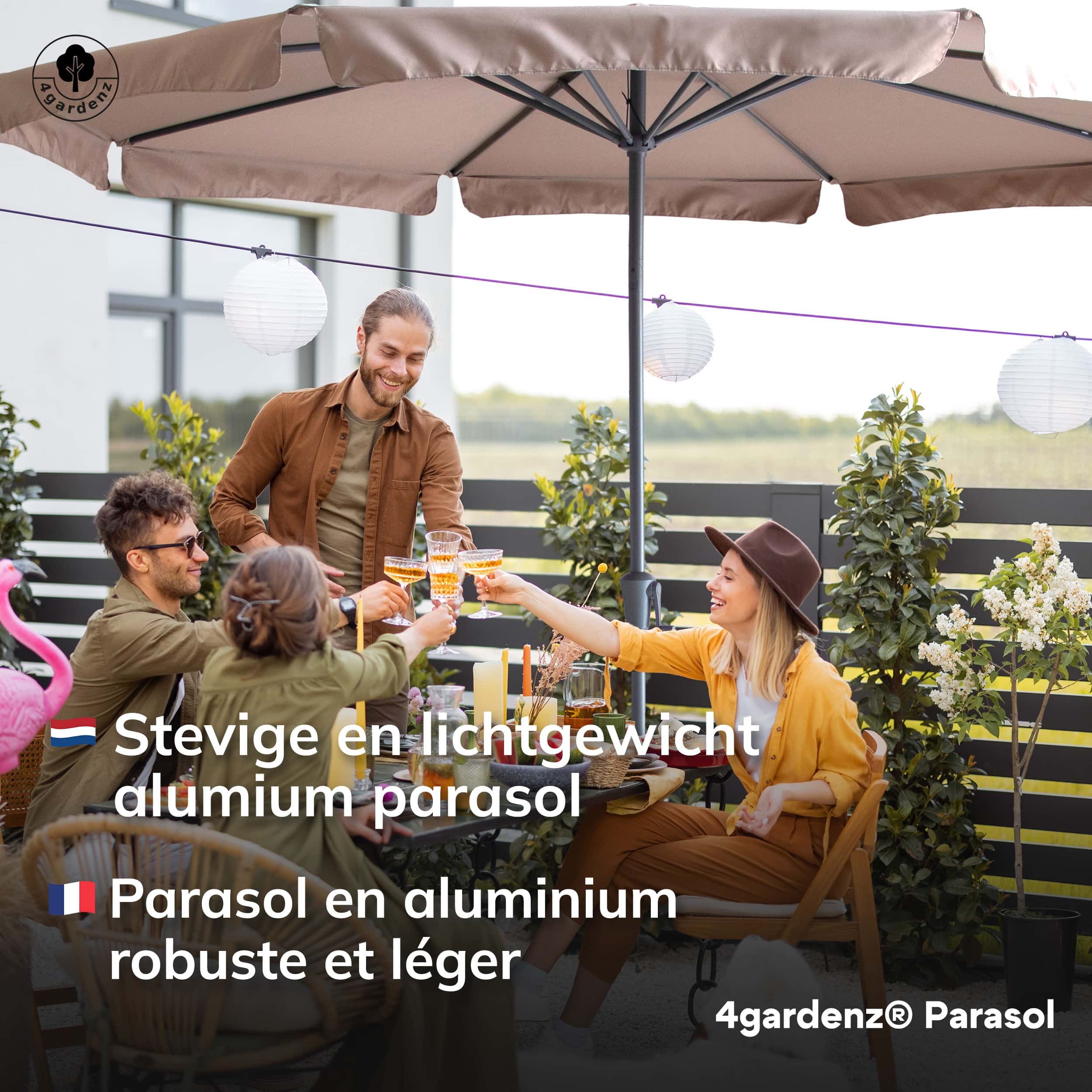 4gardenz® Parasol Rond 300 cm met Volant - Kantelbaar - UPF50+ - Taupe
