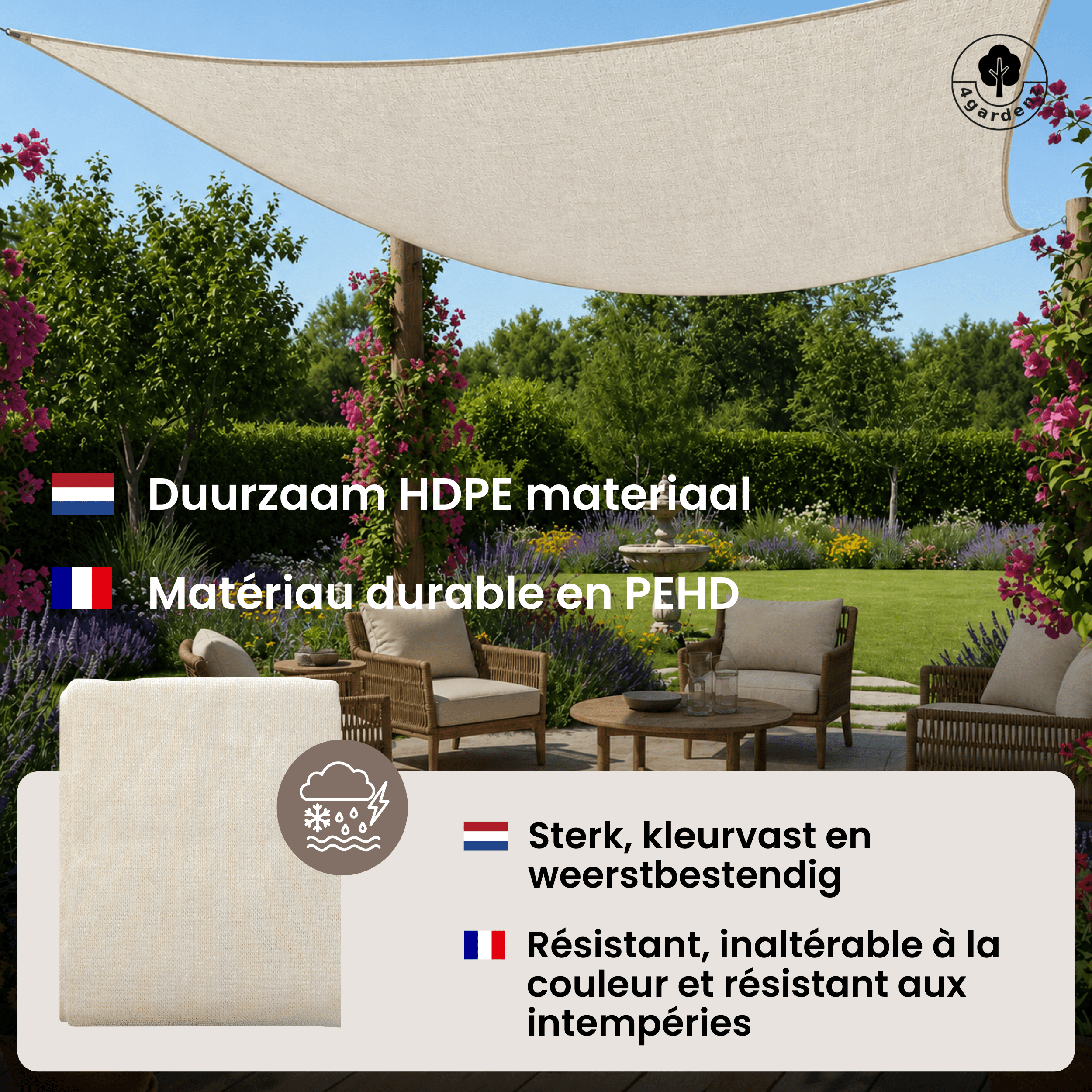 4gardenz Schaduwdoek Waterdoorlatend Vierkant 5x5 mtr - Crème 4gardenz Schaduwdoek Waterdoorlatend Vierkant 5x5 mtr - Crème
