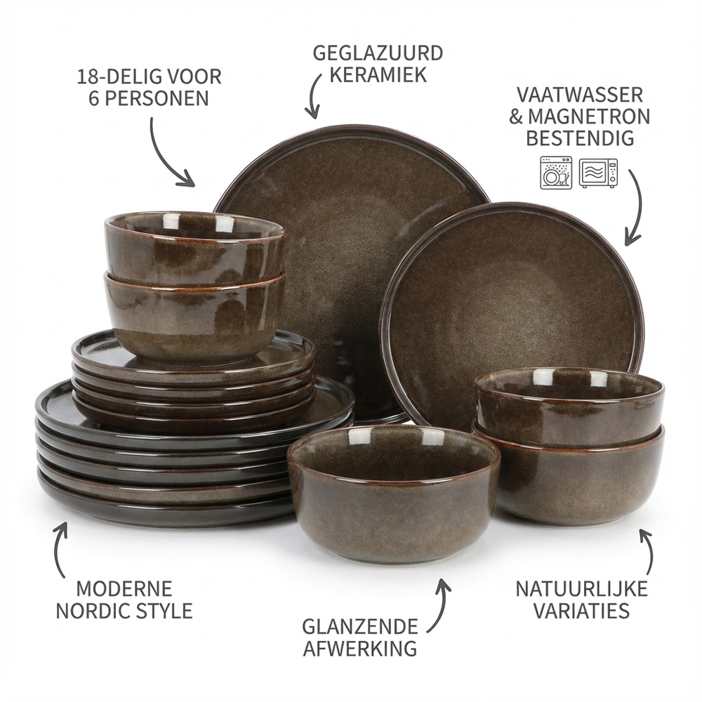 6 persoons 18-delig servies Terre Bruin Geglazuurd Keramiek 6 persoons 18-delig servies Terre Bruin Geglazuurd Keramiek