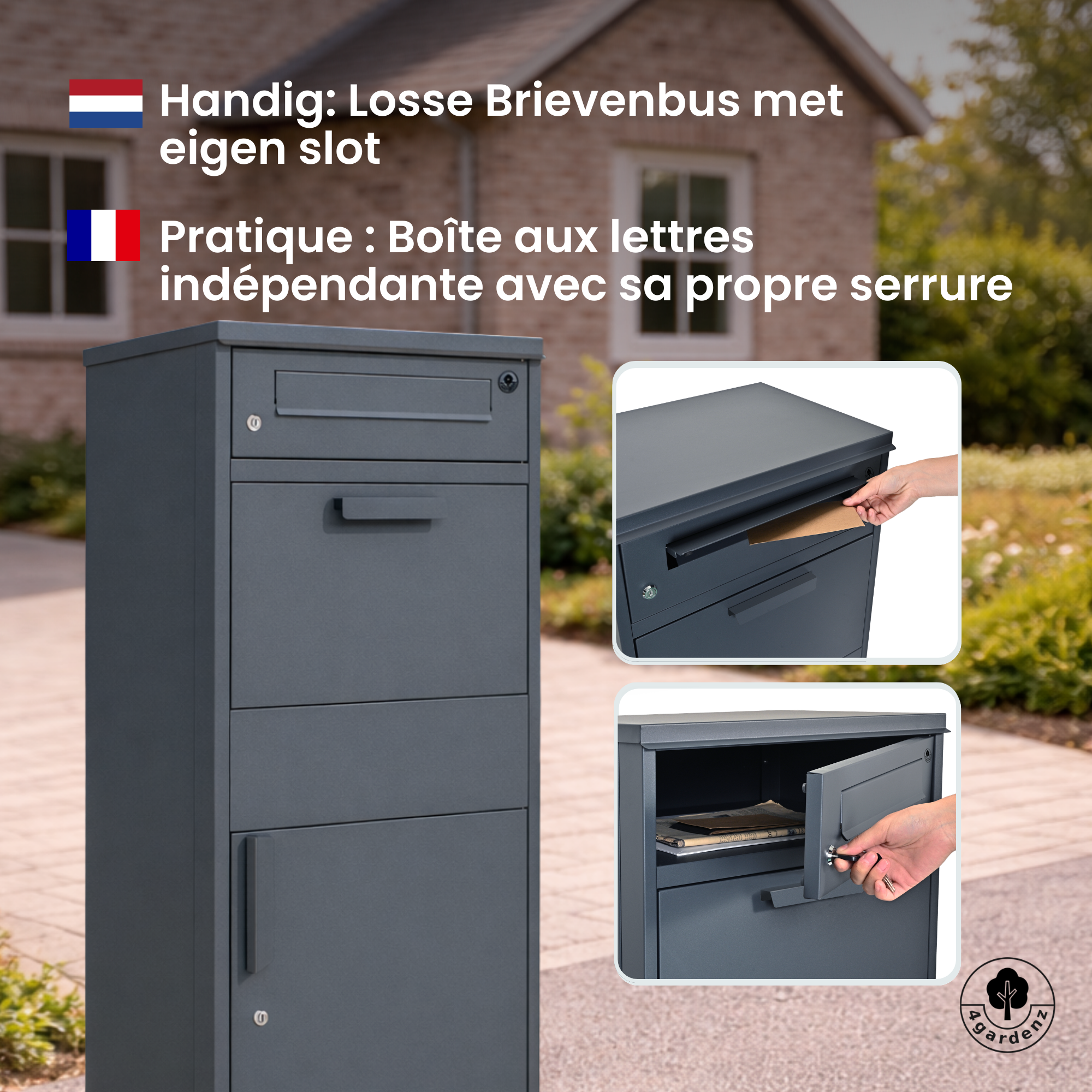 4gardenz® Pakketbrievenbus met apart Postvak - Anti-diefstal - Staande Pakketbox - Antraciet