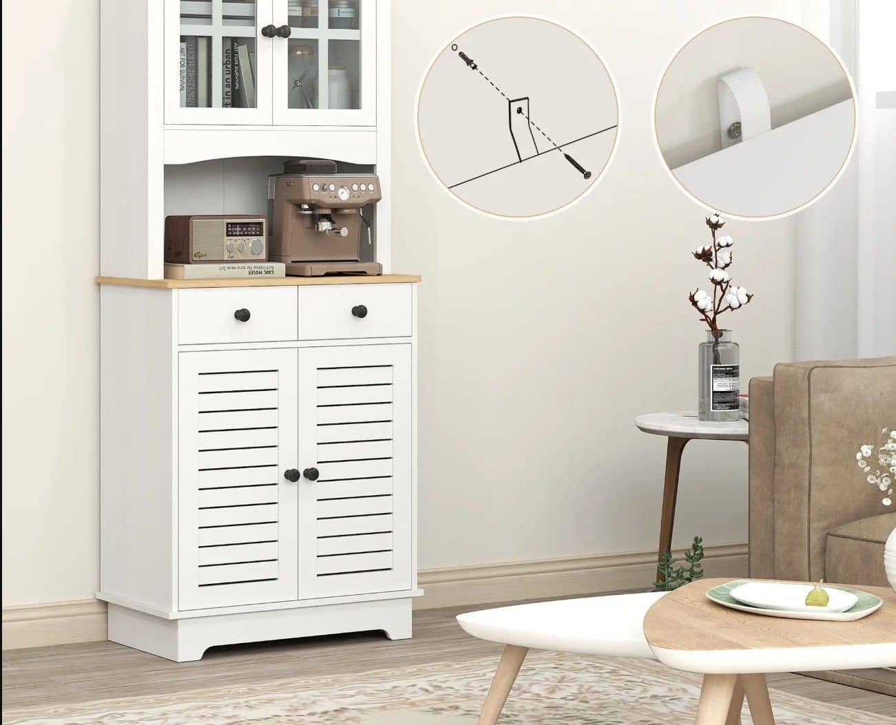 Klassieke Buffetkast Hoog met 2 matglas deuren 39x68x170 cm - Wit