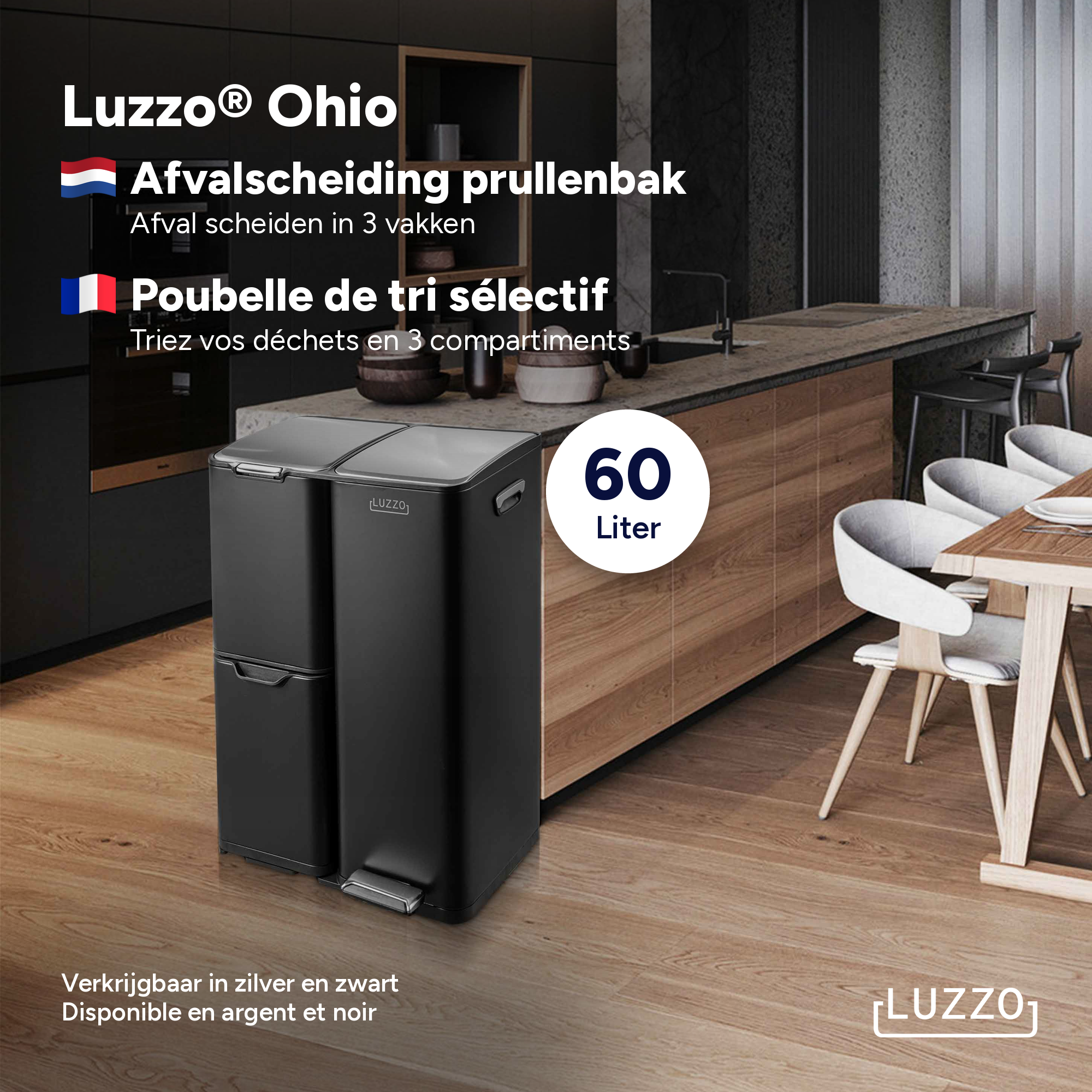 Luzzo Ohio Pedaalemmer Afvalscheiding 60 liter - 3 bakken - Zwart