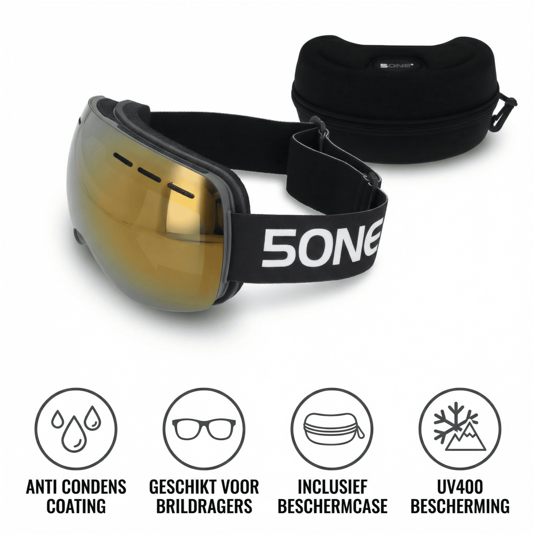 5one® Alpine 1 Bronze-Gold anti-condens Skibril met hardcase - Zwart frame