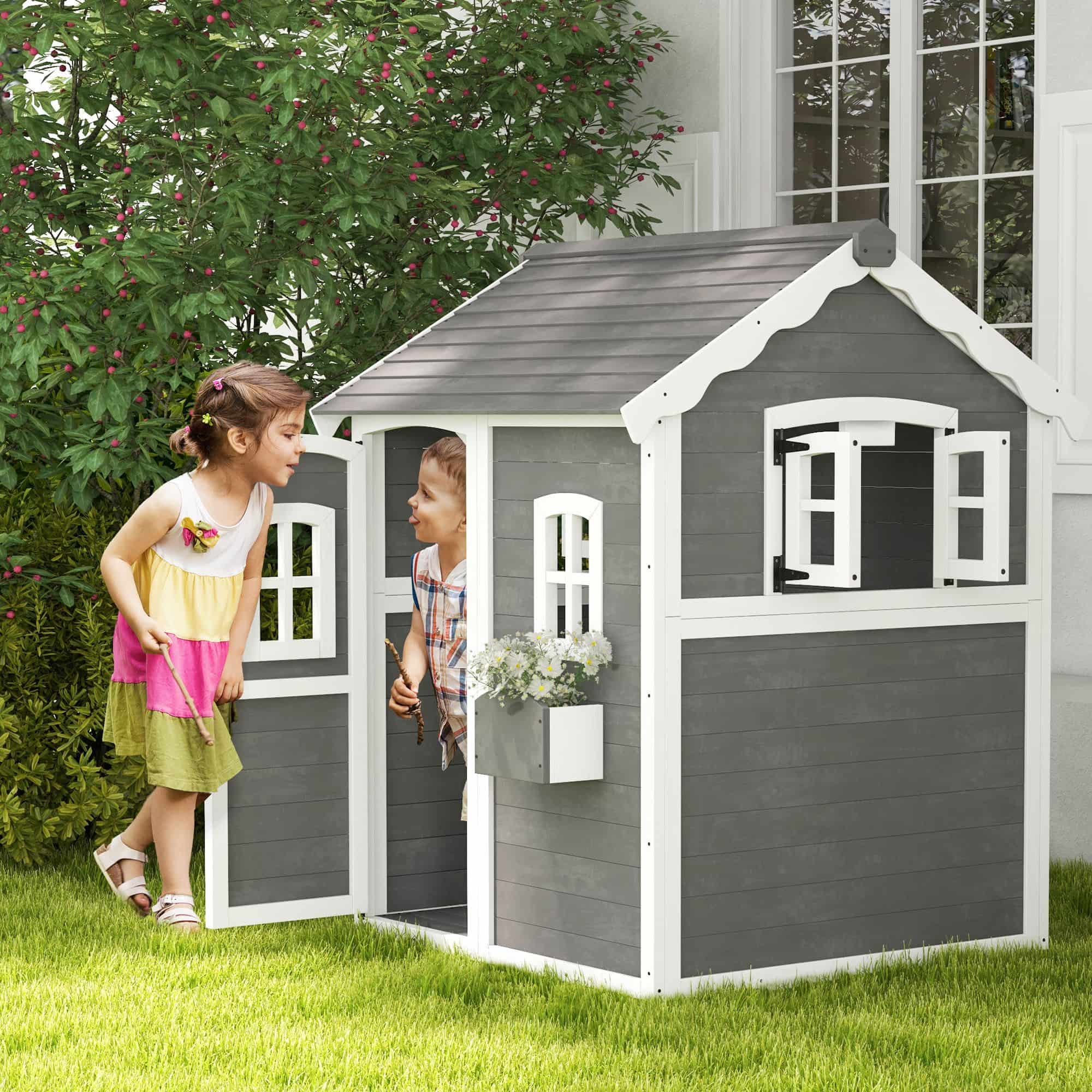 4goodz Speelhuis Hout voor Kinderen met Ramen en Plantenbak - Grijs