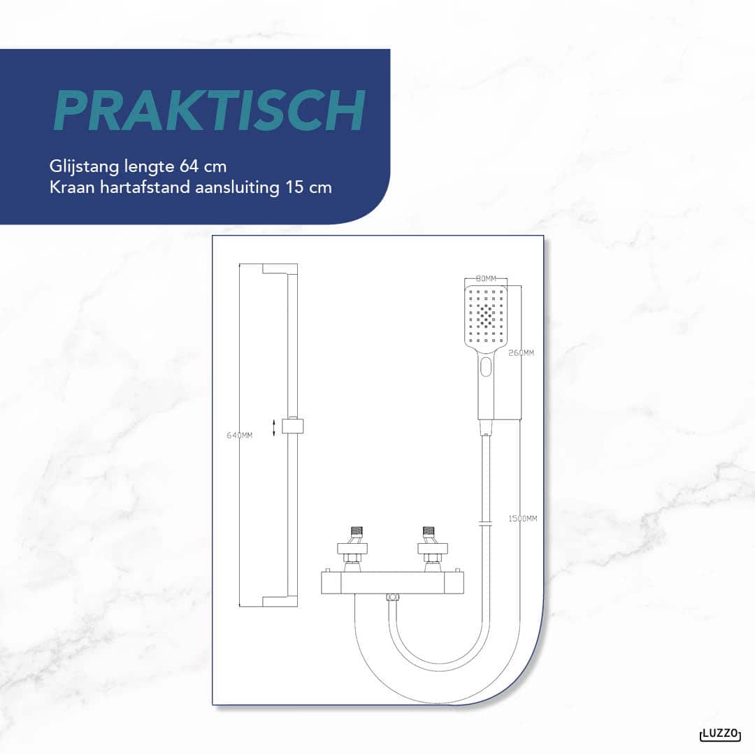 Luzzo® Square Black Doucheset Thermostaatkraan met Glijstang - Zwart