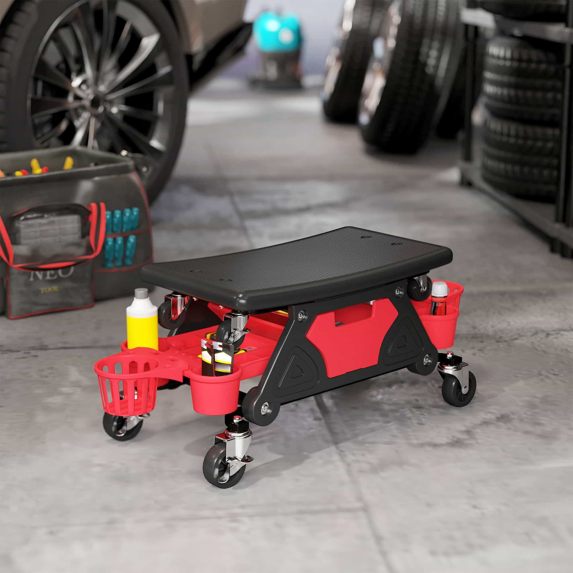 Werkplaatskruk met Afneembare Zitting en Wielen - Opbergruimte - 33cm Hoog - Tot 135 kg - Rood