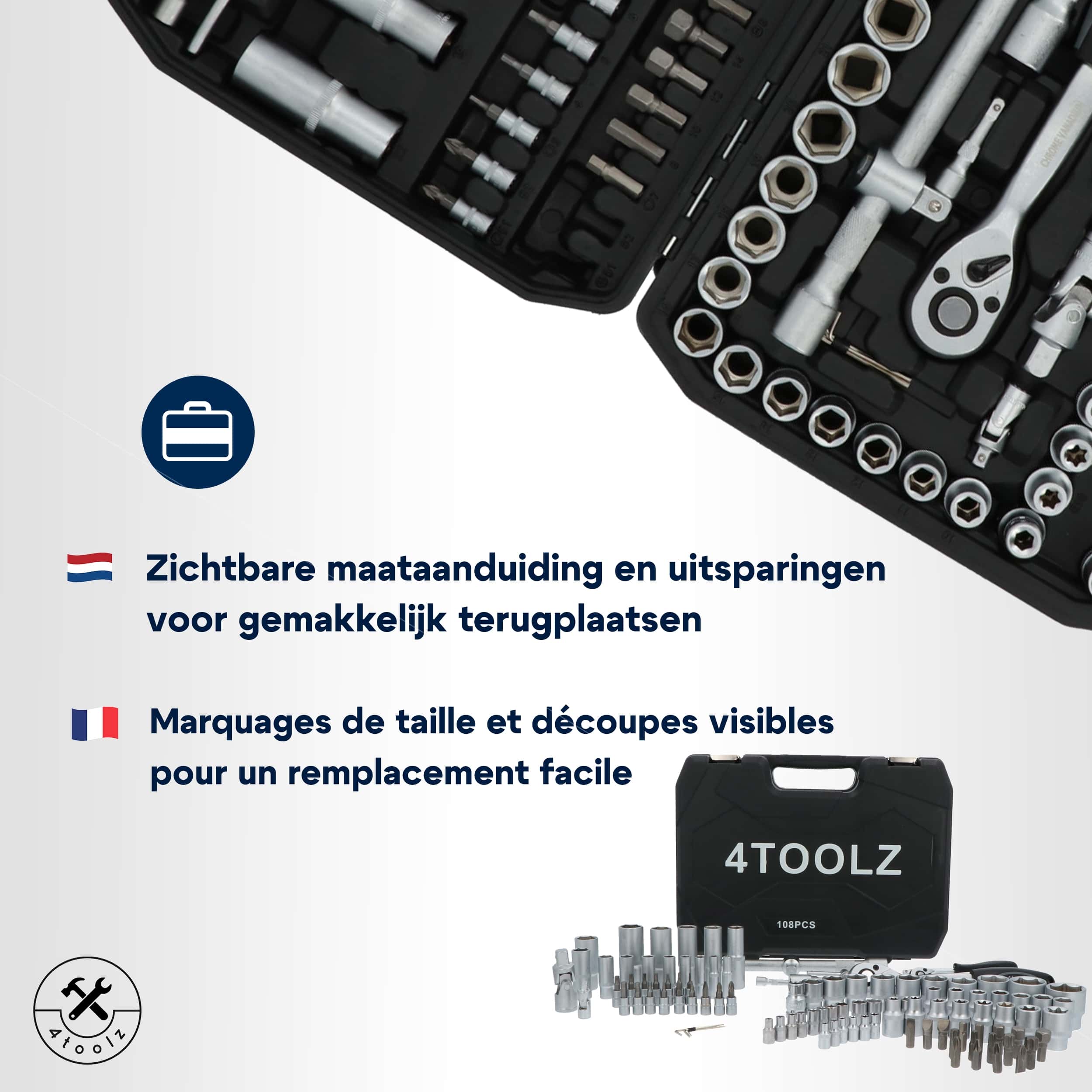 4toolz ® Doppenset 108-delig in Koffer - 72 tands Ratels 1/2" en 1/4'' Doppen en Bit-set