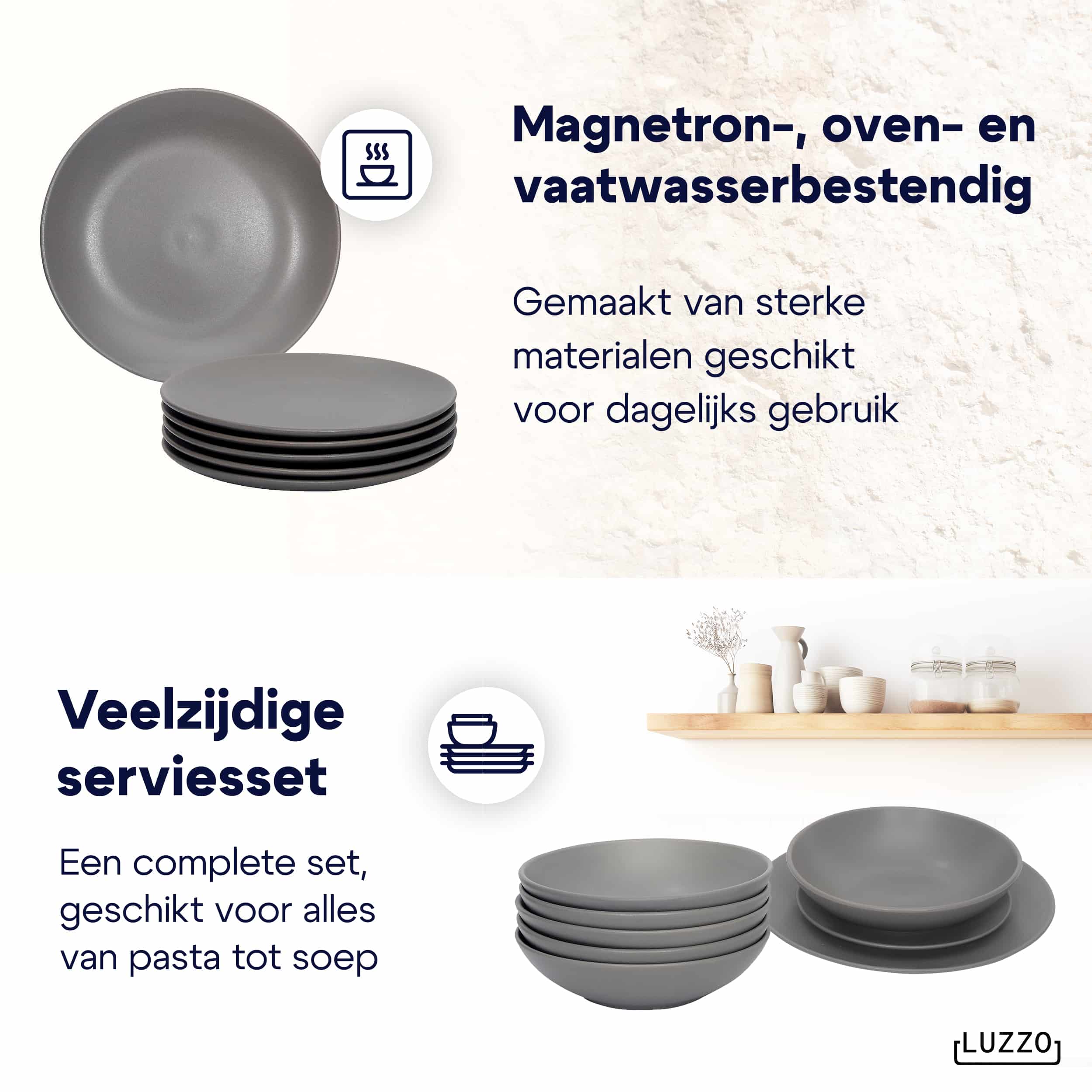 Luzzo® Serviesset Aland 6 persoons Aardewerk - 18-delig met Pastaborden - Mat Grijs