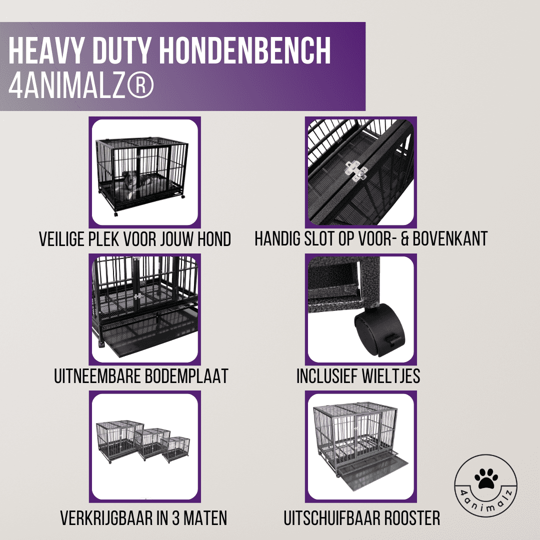 4animalz® Heavy Duty Hondenbench L met wielen 92x62x75 cm - Zwart