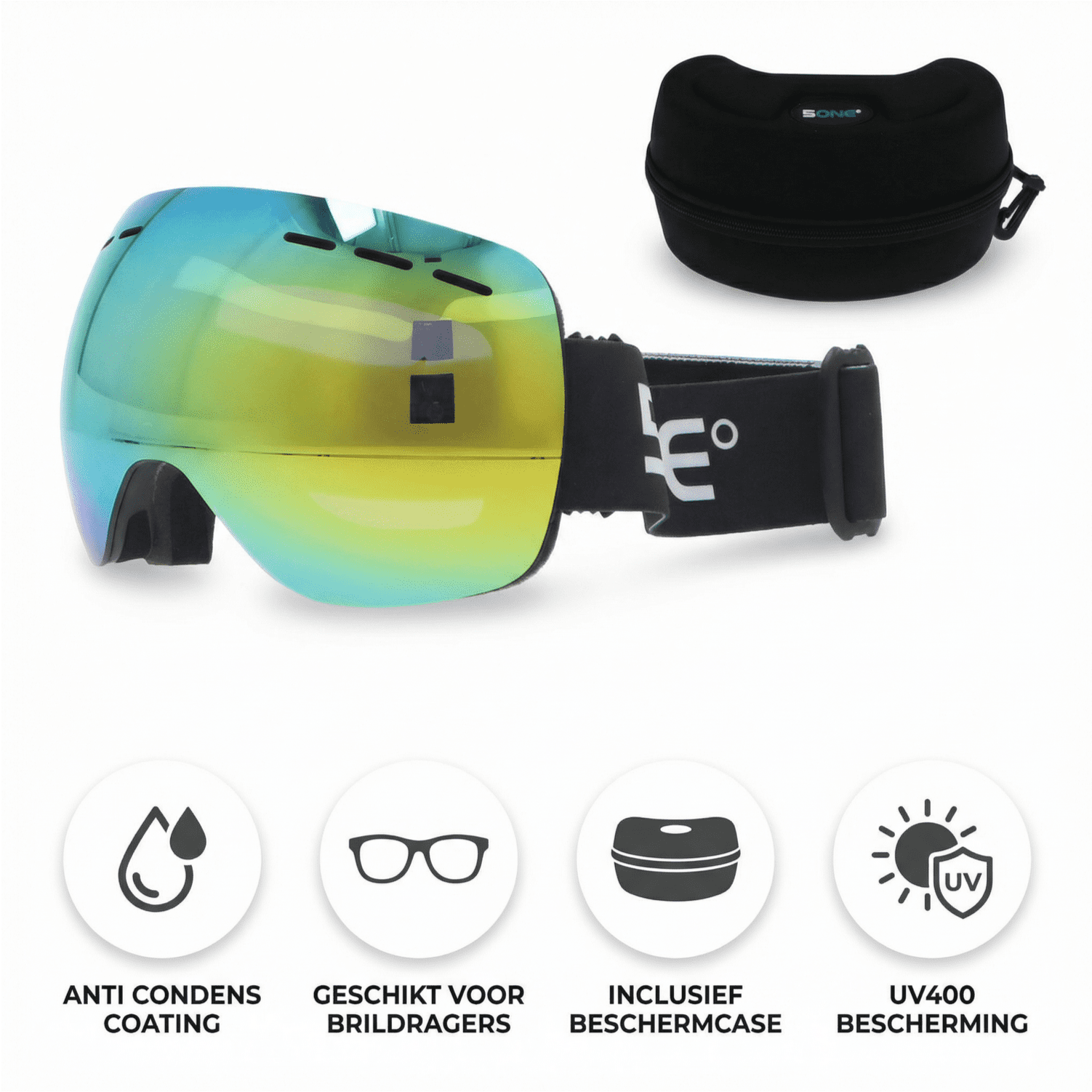 5one® Alpine 1 Gold anti-condens Skibril met hardcase - Zwart frame