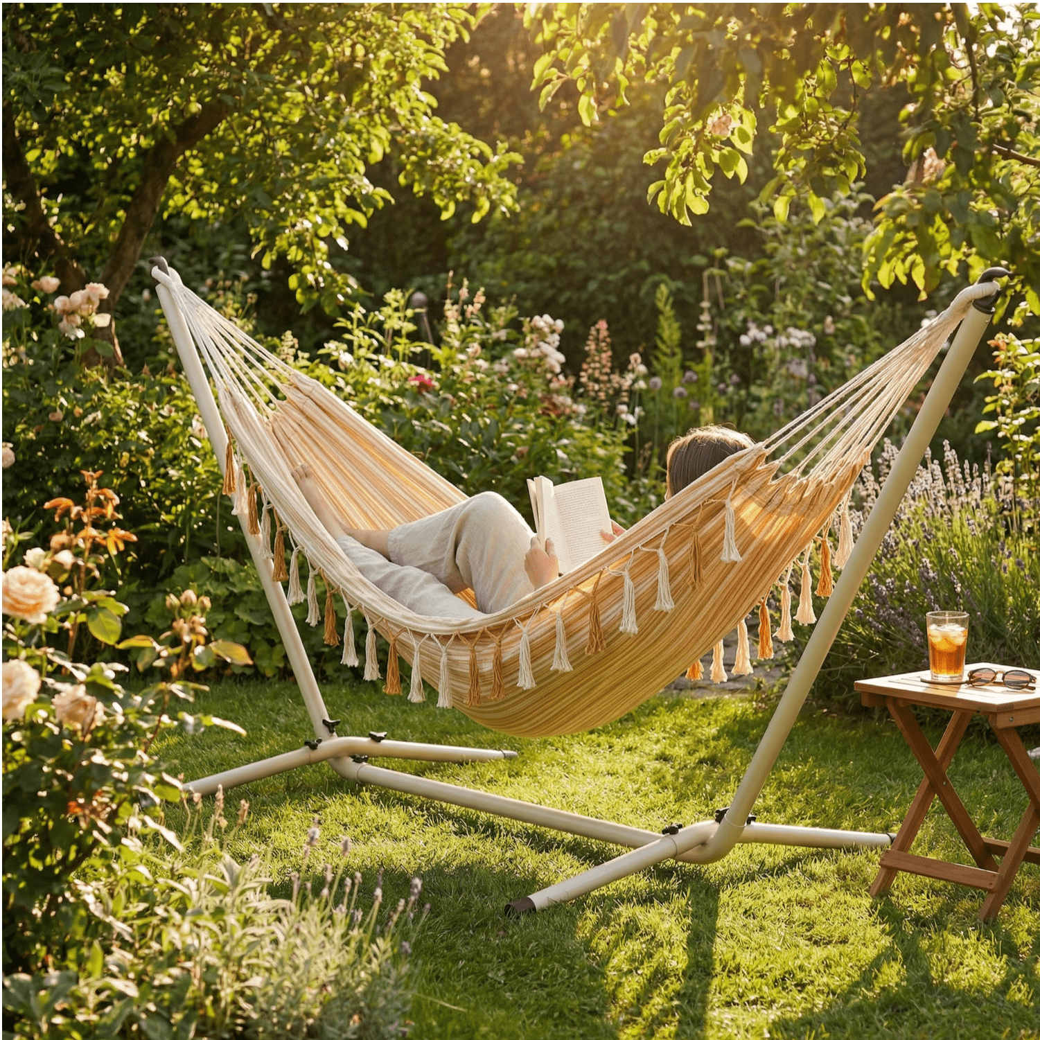 4gardenz Hangmatstandaard inclusief Hangmat 300x100 cm - Creme