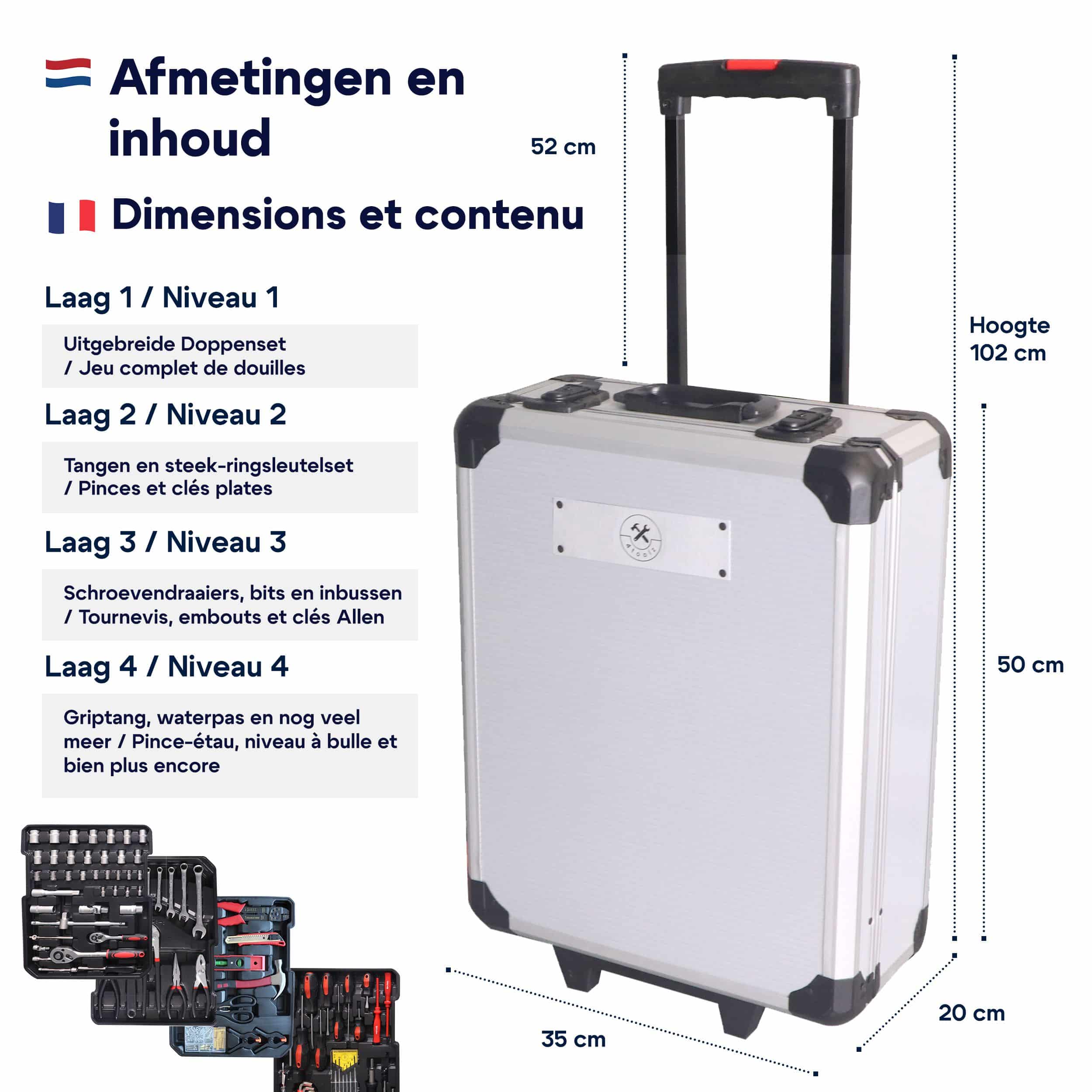 4toolz® Gereedschapskoffer XXL - 1020-delig - Aluminium trolley met wielen