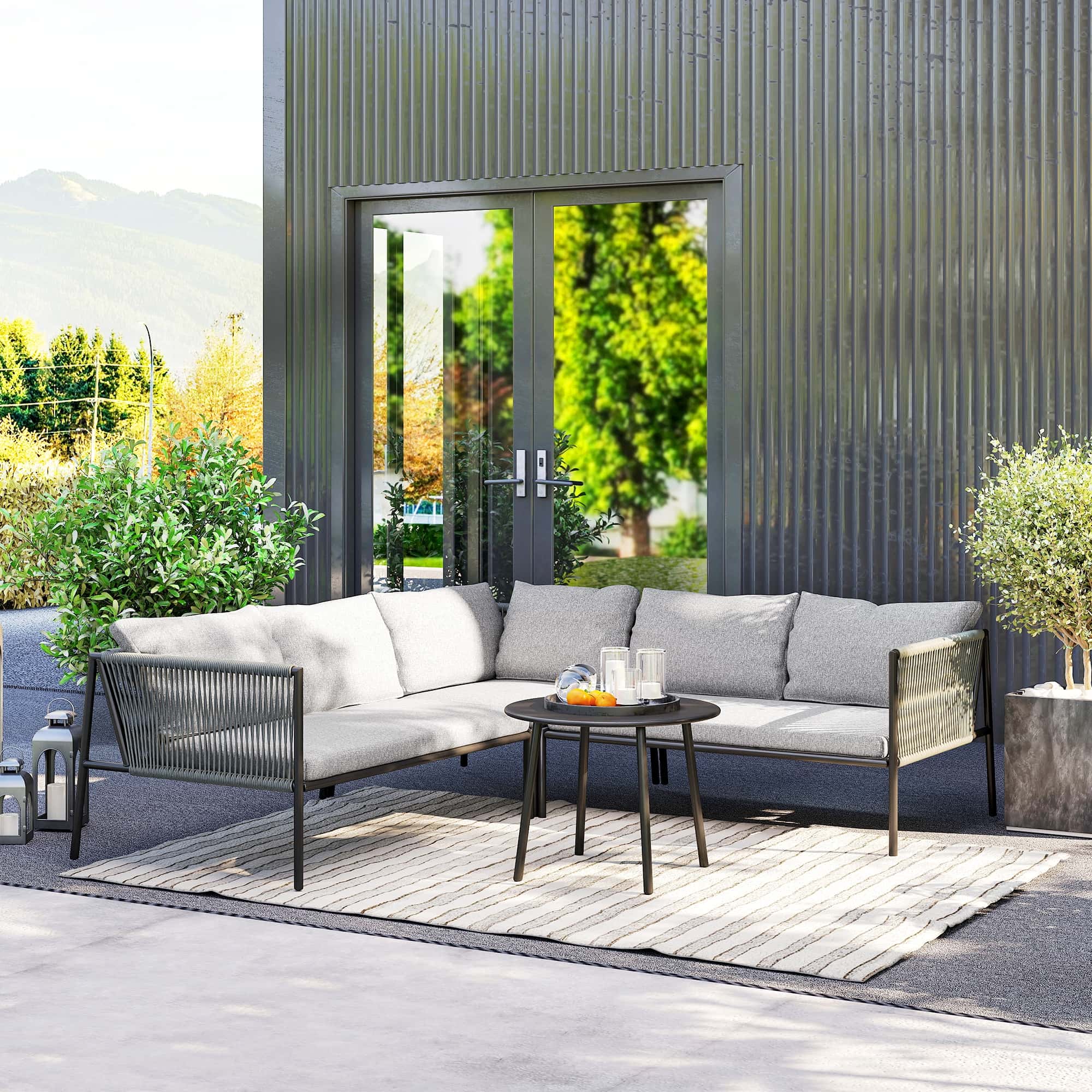 4goodz Tuinmeubelset voor 6 Personen Rattan Loungeset met Hoekbank met Tafel en Kussens