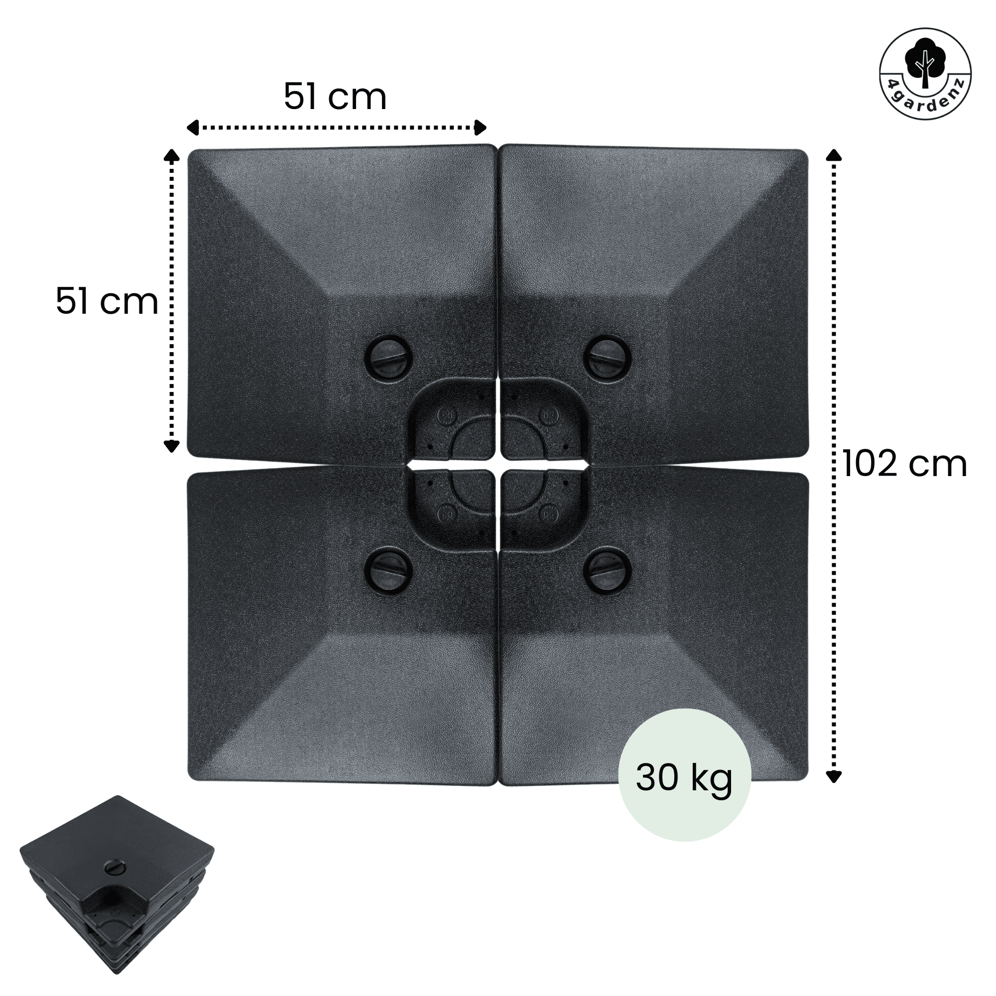 4gardenz® Parasolvoet-tegels Vulbaar 120 kg – 4-delige set voor Zweefparasols en Grote Parasols inclusief metalen klemmen