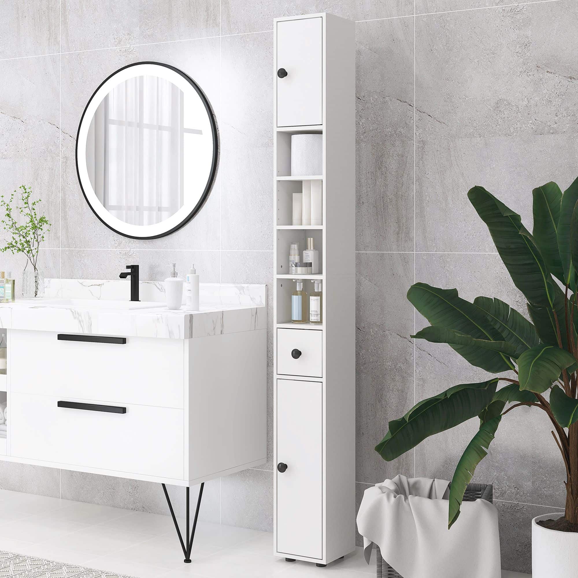 Badkamerkast Smal - 4 planken - lade en 2 draaideuren - Wit