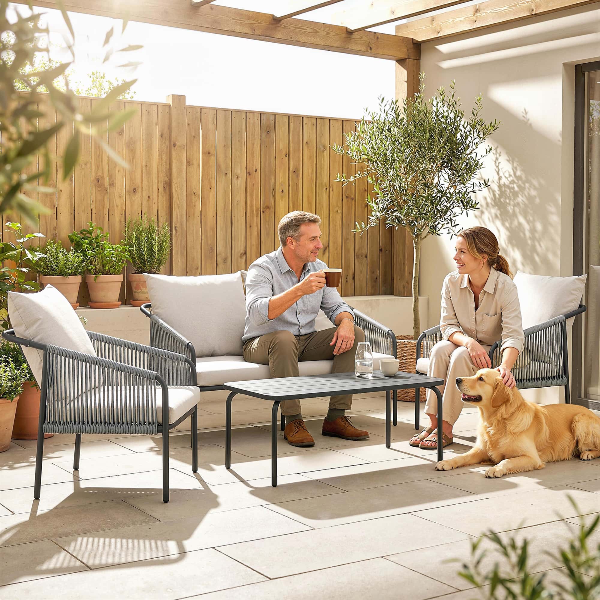 4goodz Tuinmeubelset 4-delig met salontafel bank en 2 stoelen - Grijs