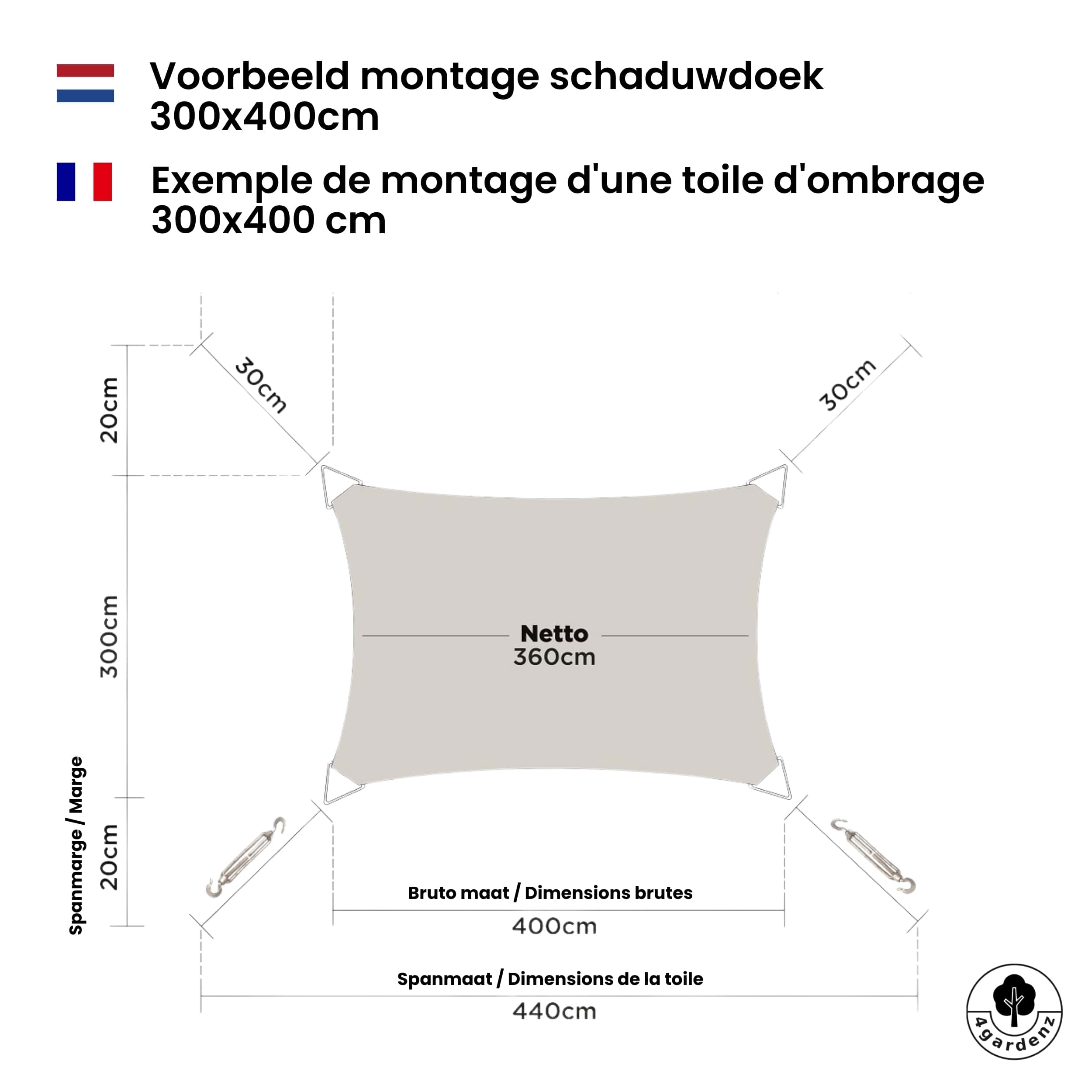 4gardenz Schaduwdoek Waterdoorlatend Rechthoek 5x6 mtr - Crème