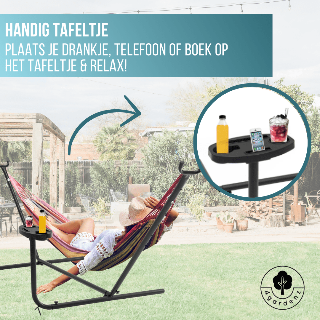 4gardenz® Universele Hangmatstandaard met tafel - Tot 150 kg - Inclusief Opbergtas - Gepoedercoat Staal