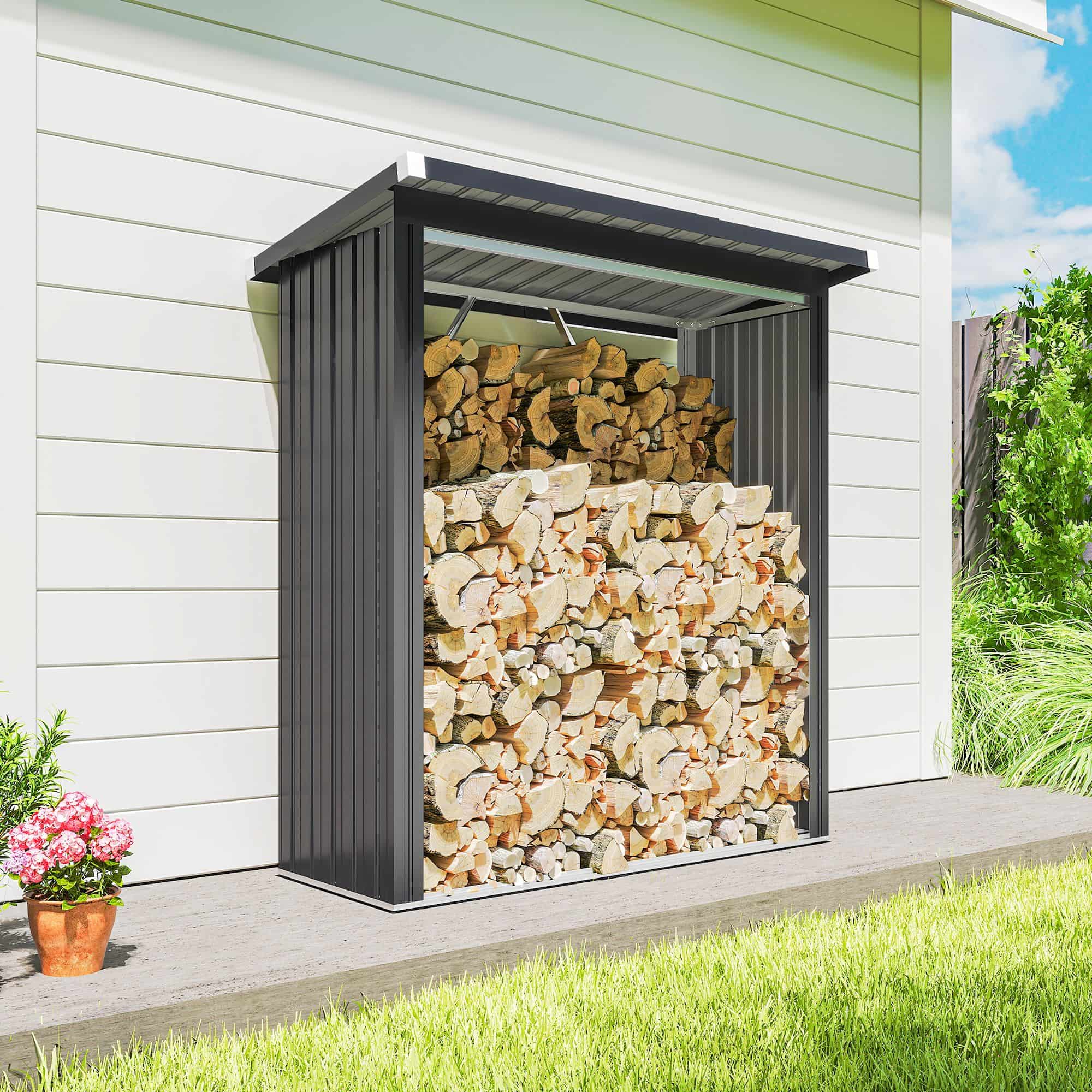 4goodz Houtopslag Gegalvaniseerd Staal met Schuin dak – 66x150x150 cm - Donkergrijs