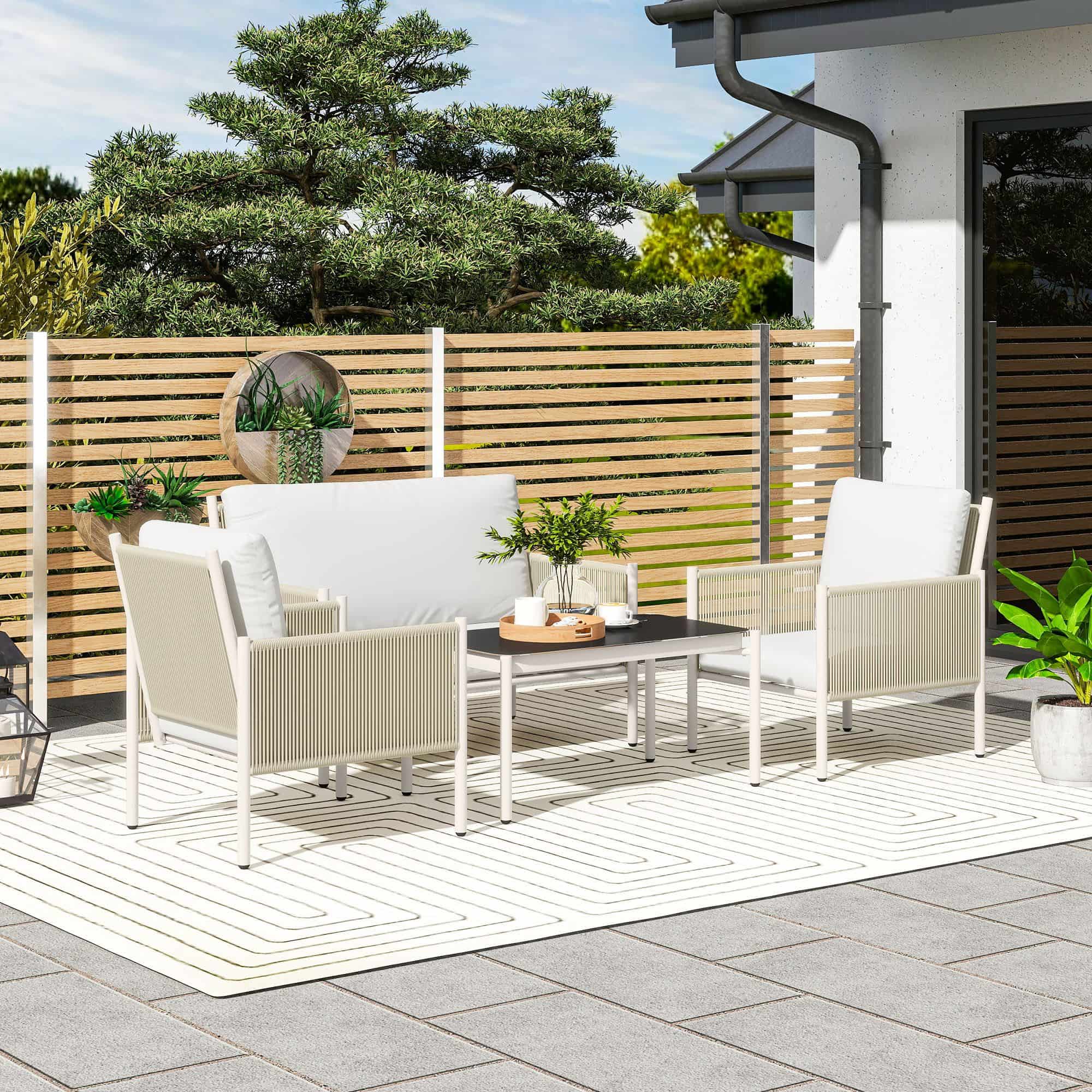 4goodz Tuinmeubelset 4-delig met salontafel bank en 2 stoelen - Zand/grijs