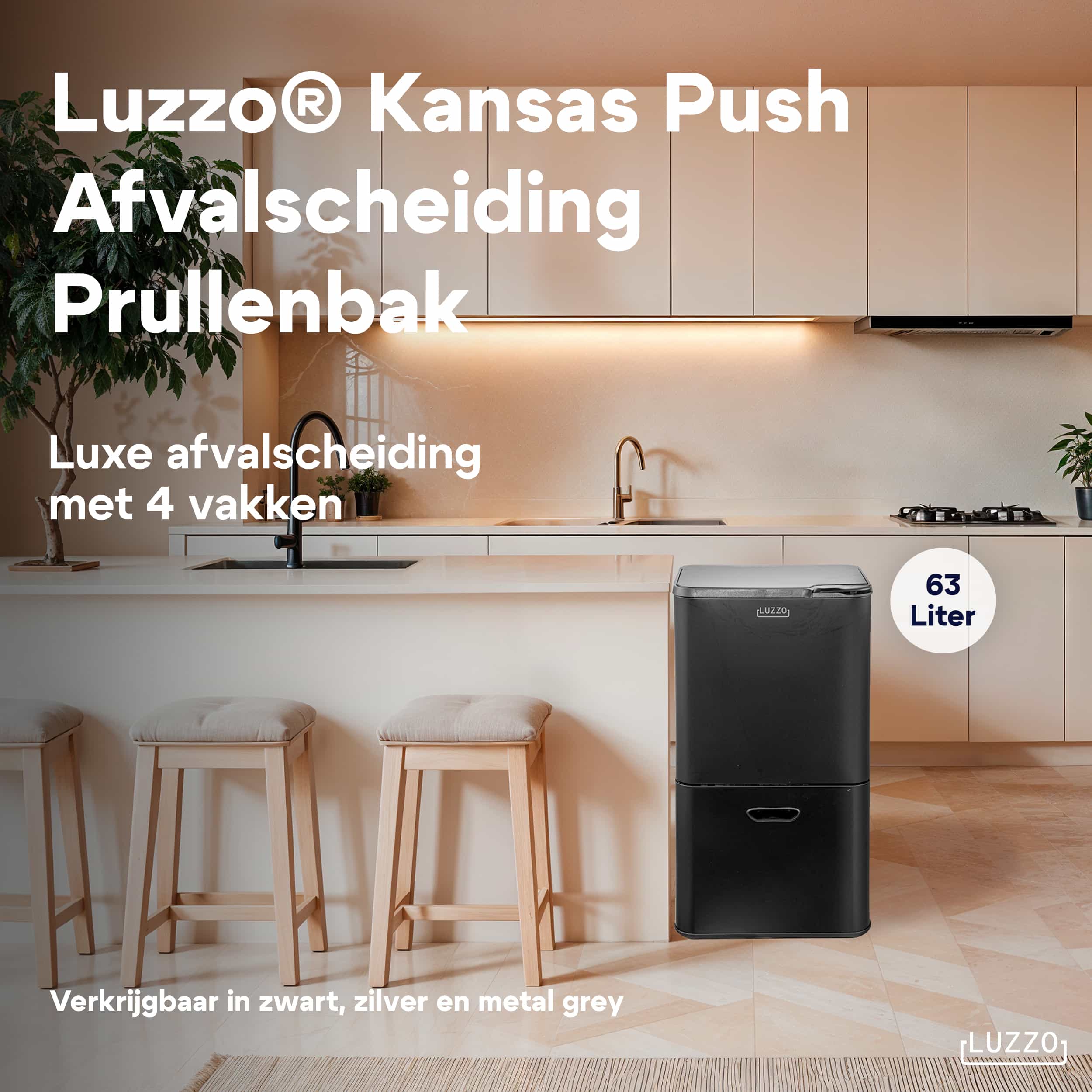 Luzzo® Kansas Push Prullenbak 63 liter Afvalscheiding 4 vakken - Afval Scheiden - Zwart