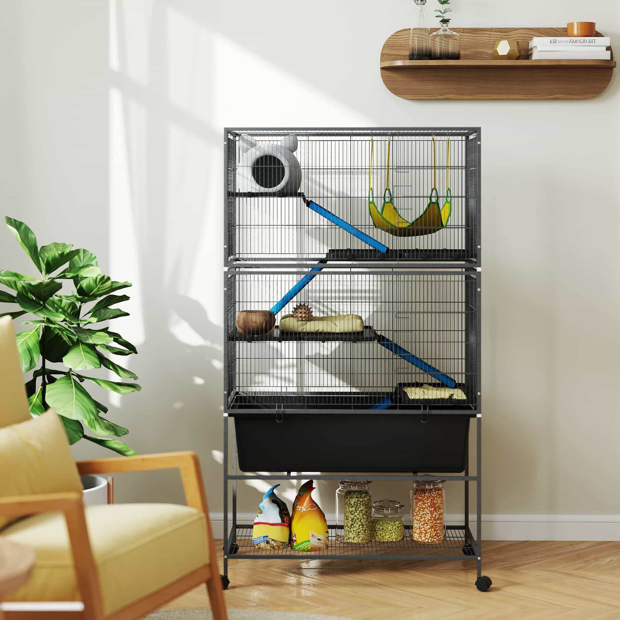 Chinchilla en Hamsterkooi met 4 Verdiepingen - 48x88x150 cm - Antraciet