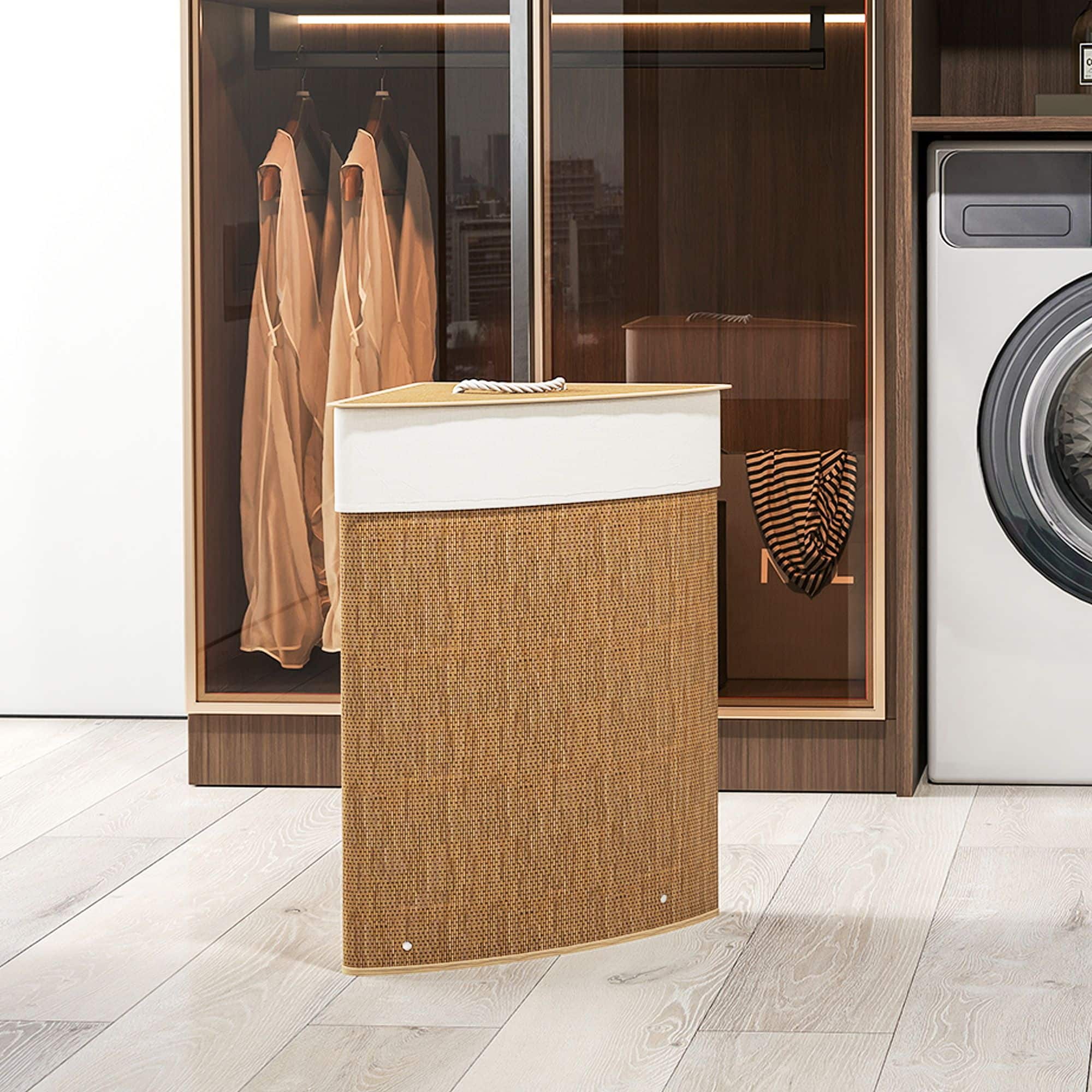 4goodz Wasmand Hoekmodel Bamboe met Deksel 55 Liter - Bruin