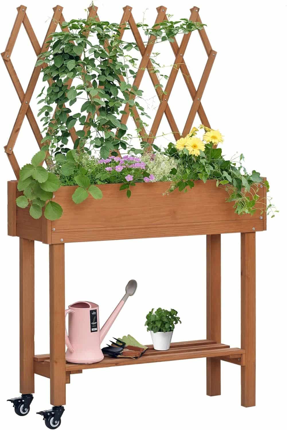 Verhoogde Plantenbak met Plantenrek en opbergplank op Wielen