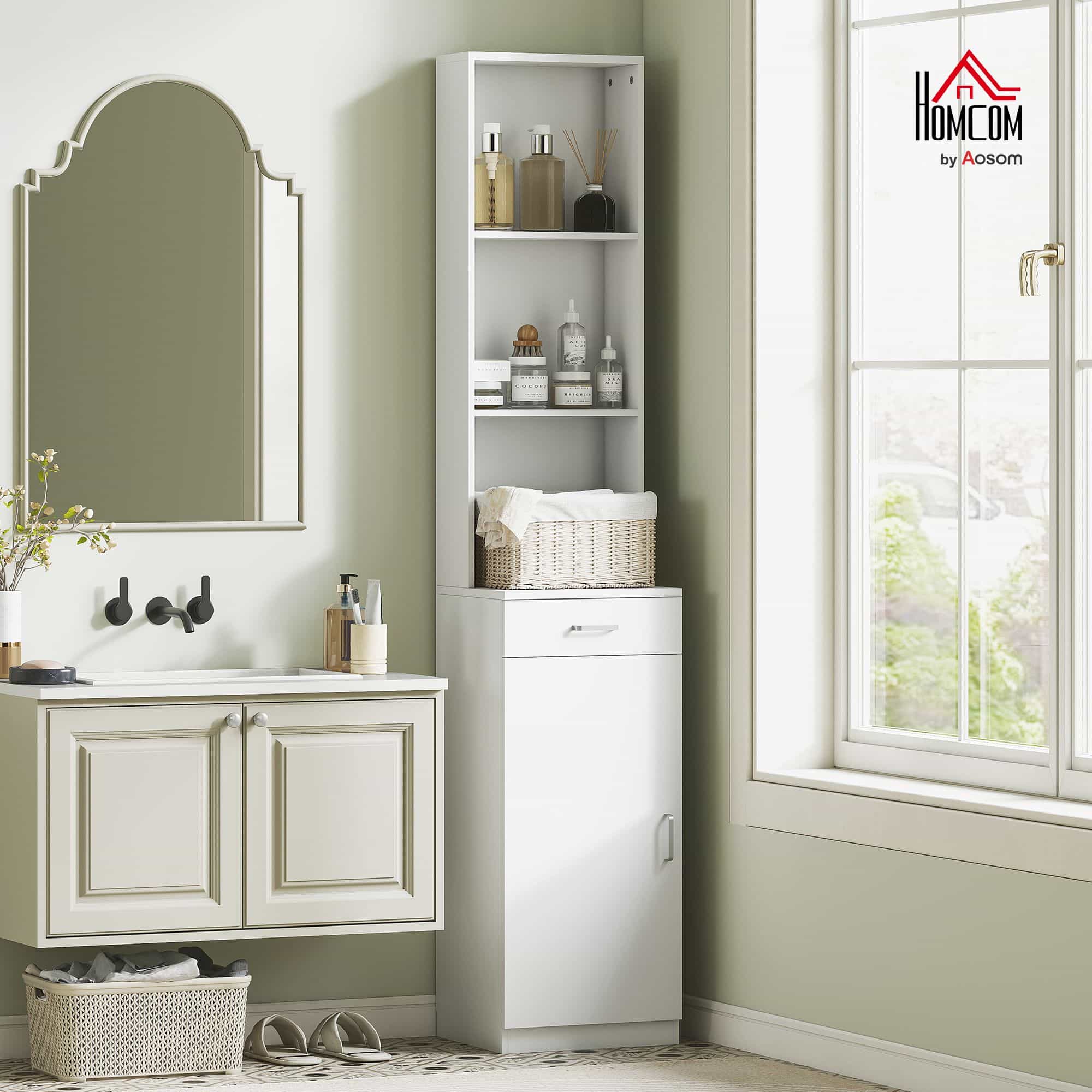 Hoge Badkamerkast - Kolomkast met Lade en open Schappen - Wit