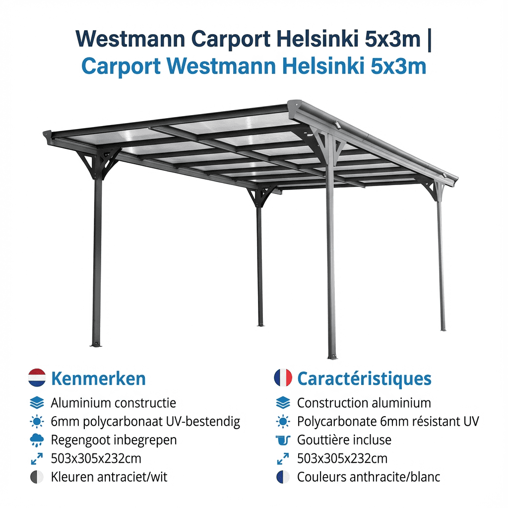 Westmann Helsinki Carport Aluminium met plat dak - 503x305x232cmi - Antraciet