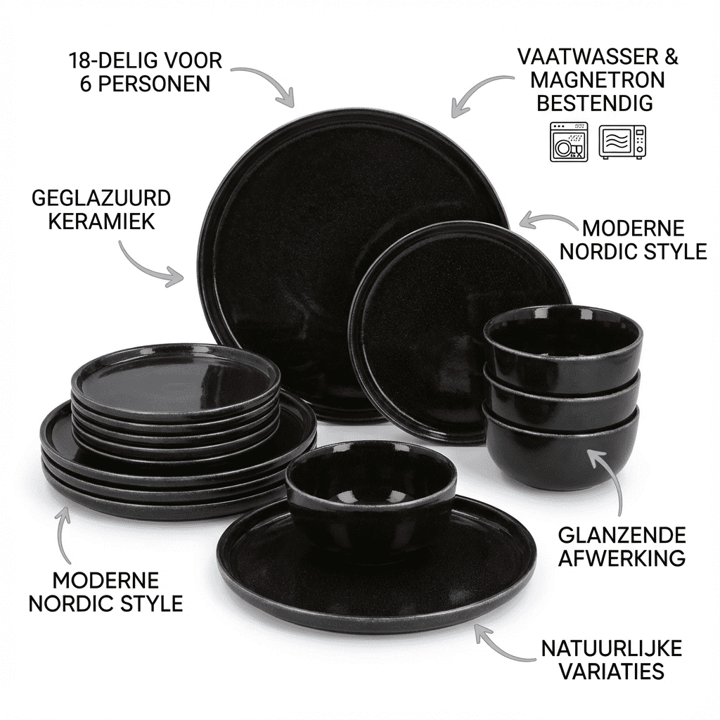 6 persoons 18-delig Serviesset Terre Zwart Geglazuurd Keramiek - Zwart 6 persoons 18-delig Serviesset Terre Zwart Geglazuurd Keramiek - Zwart
