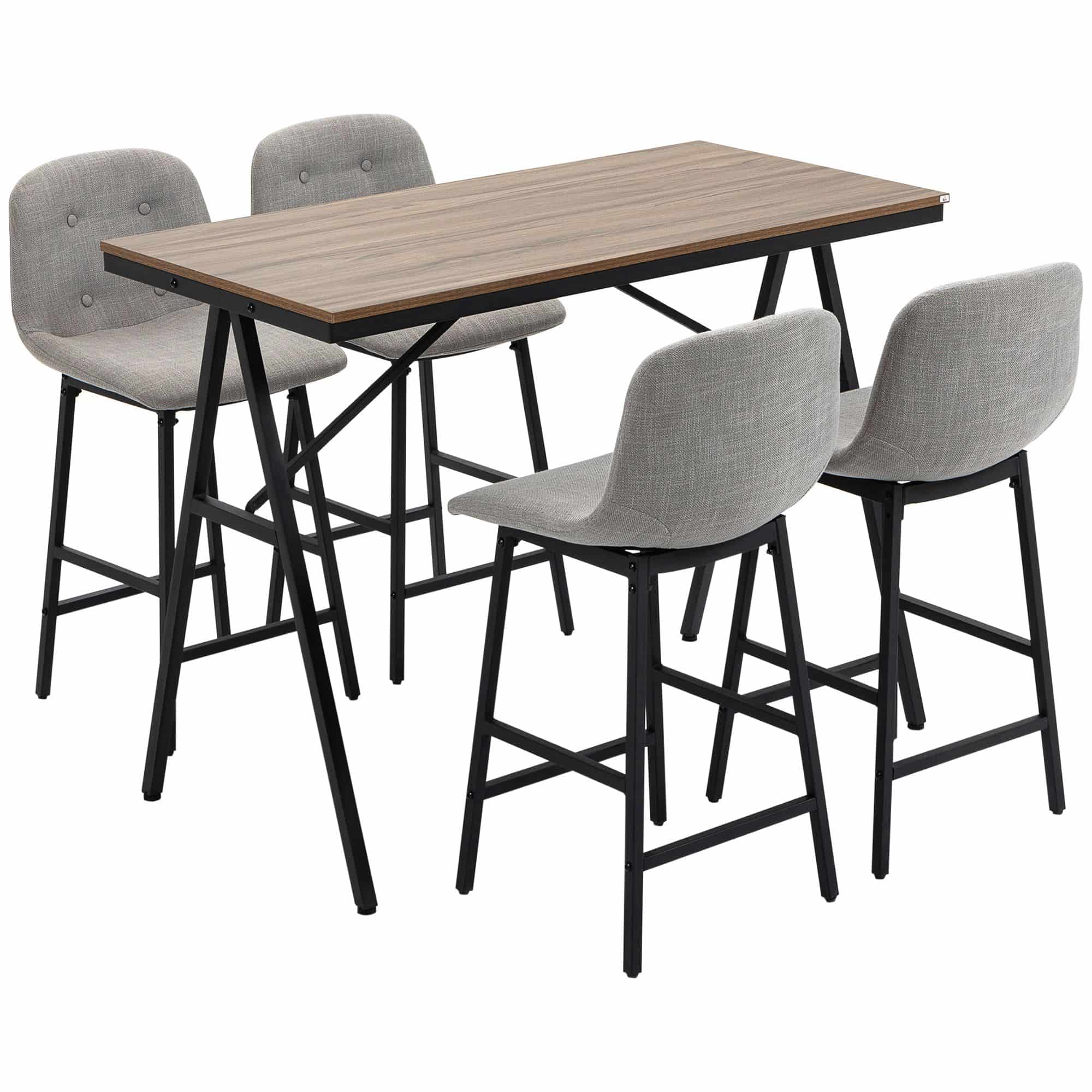 5-delige Bartafel met 4 Stoelen - Comfortabele Dikke Linnenlook Stoelbekleding - Grijs