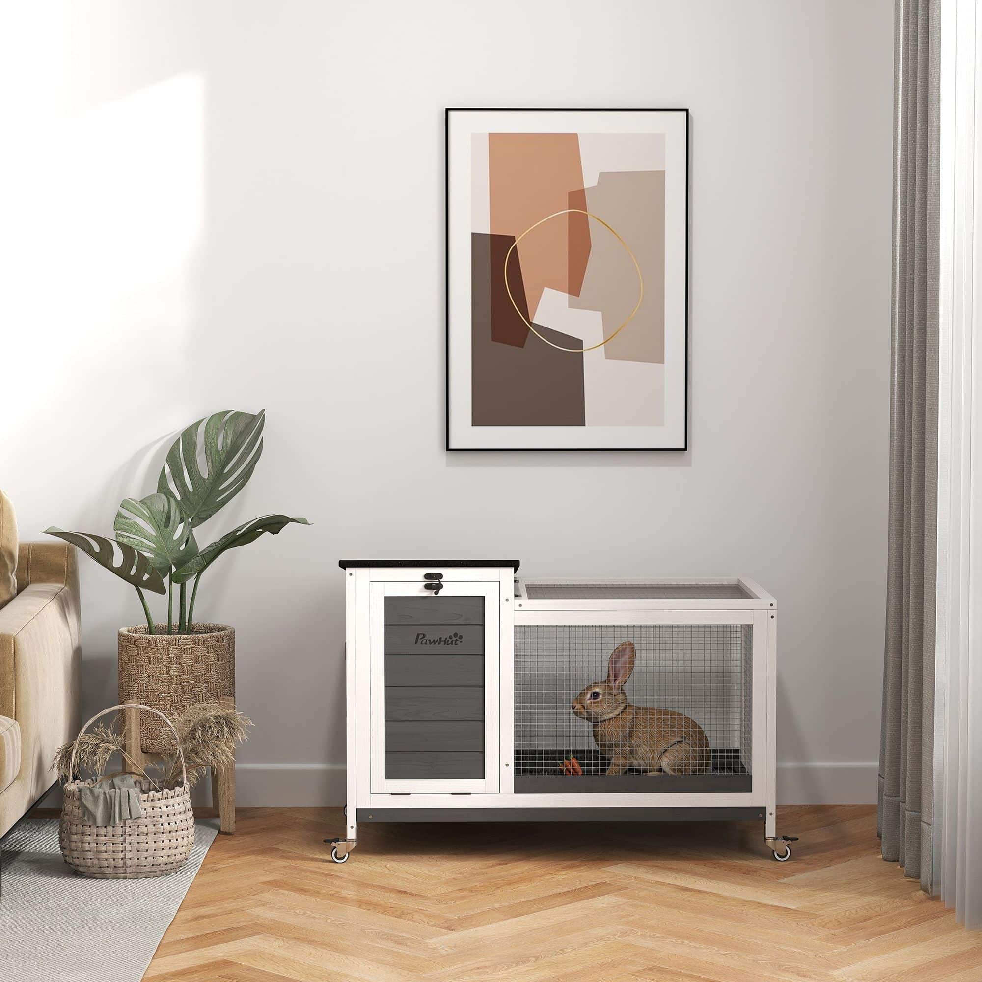 Houten Konijnenhok met Loopgedeelte - voor Binnen &amp; Buiten 92x52x67 cm - Grijs