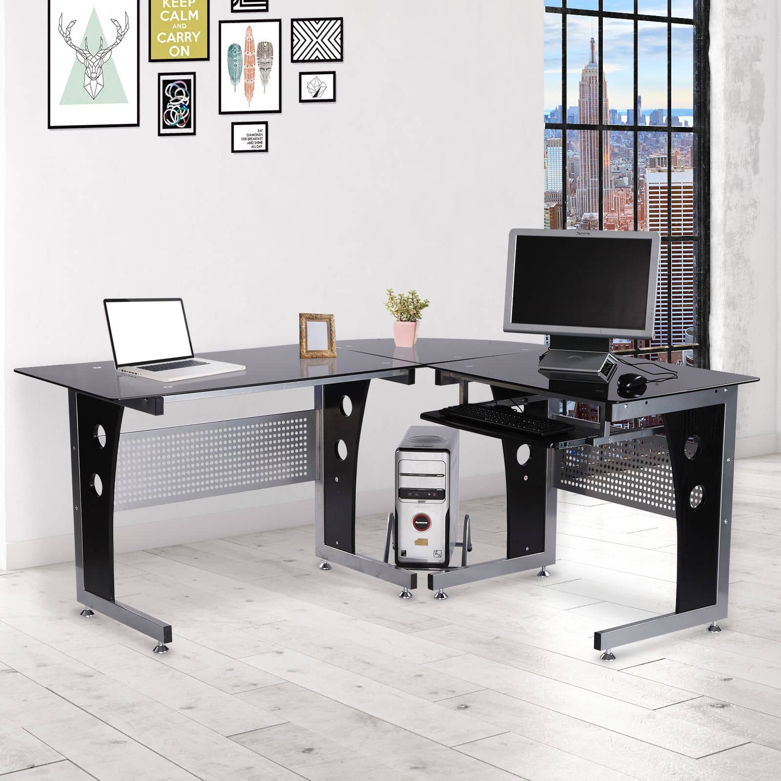 Hoekbureau - PC-tafel L-vormig met Veiligheidsglas - 164x139x75 cm