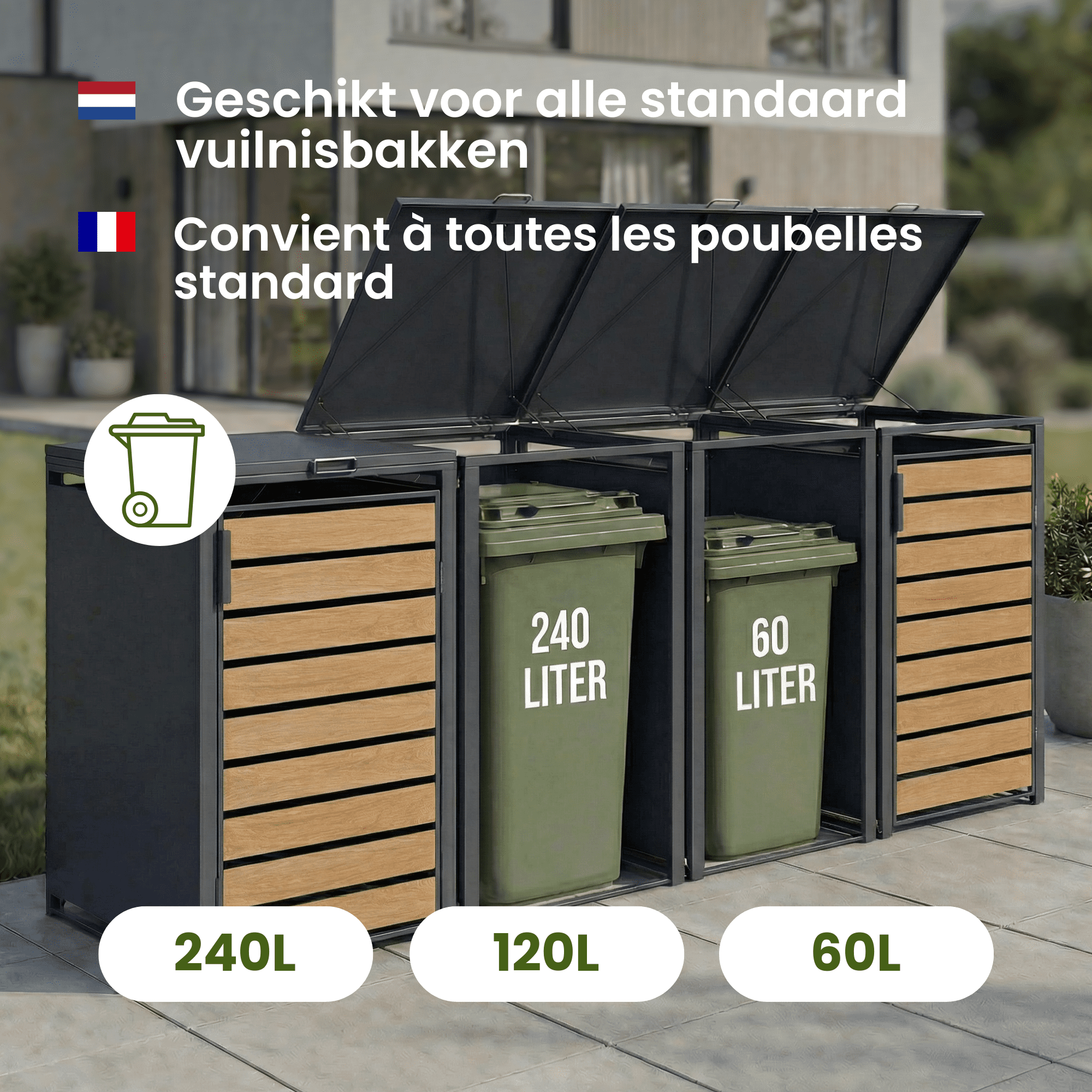 4gardenz® Premium Kliko Ombouw 3 bakken - Containerombouw - Grijs/Houtlook