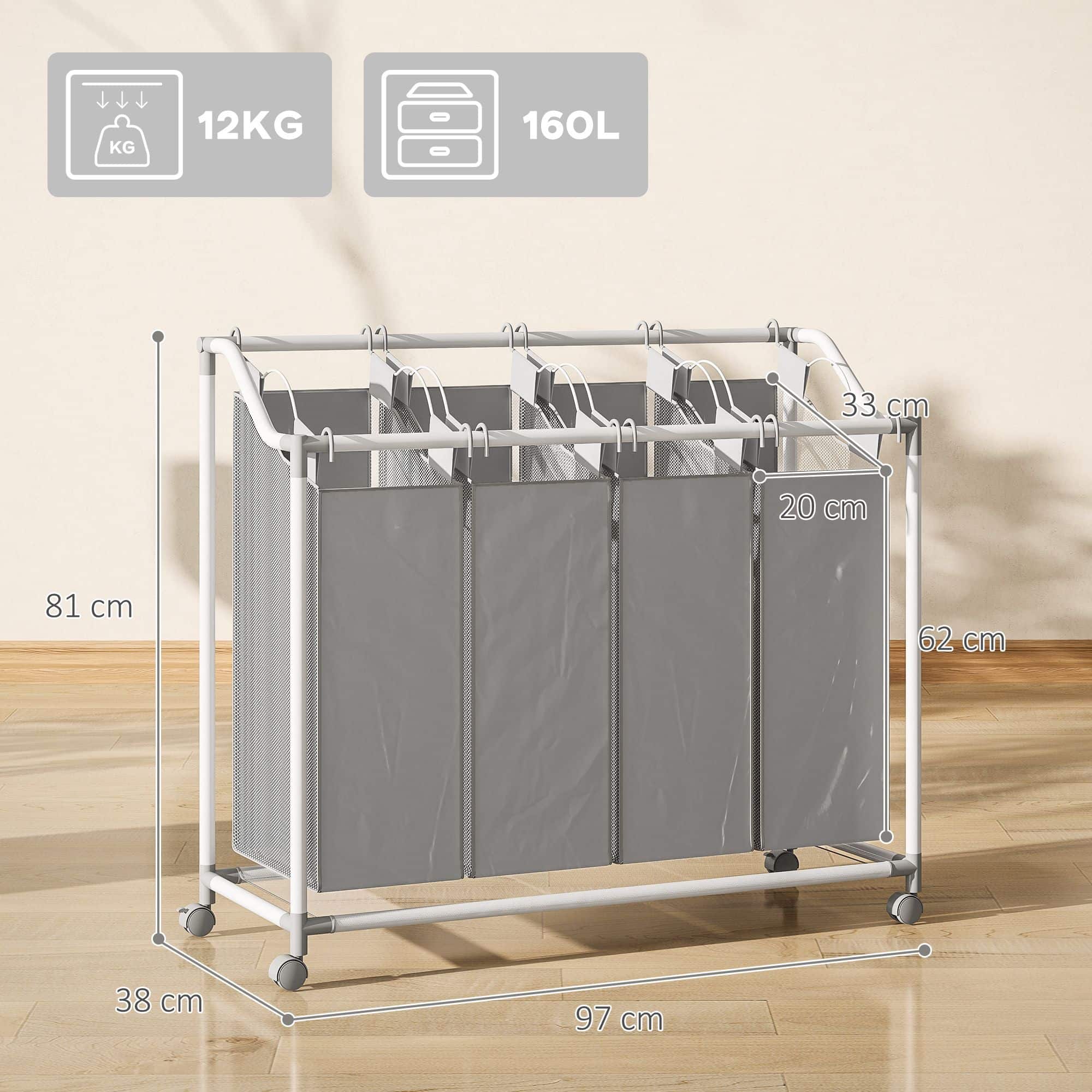 Wasmand op Wielen met 4 compartimenten - 160 ltr - uitneembare waszak