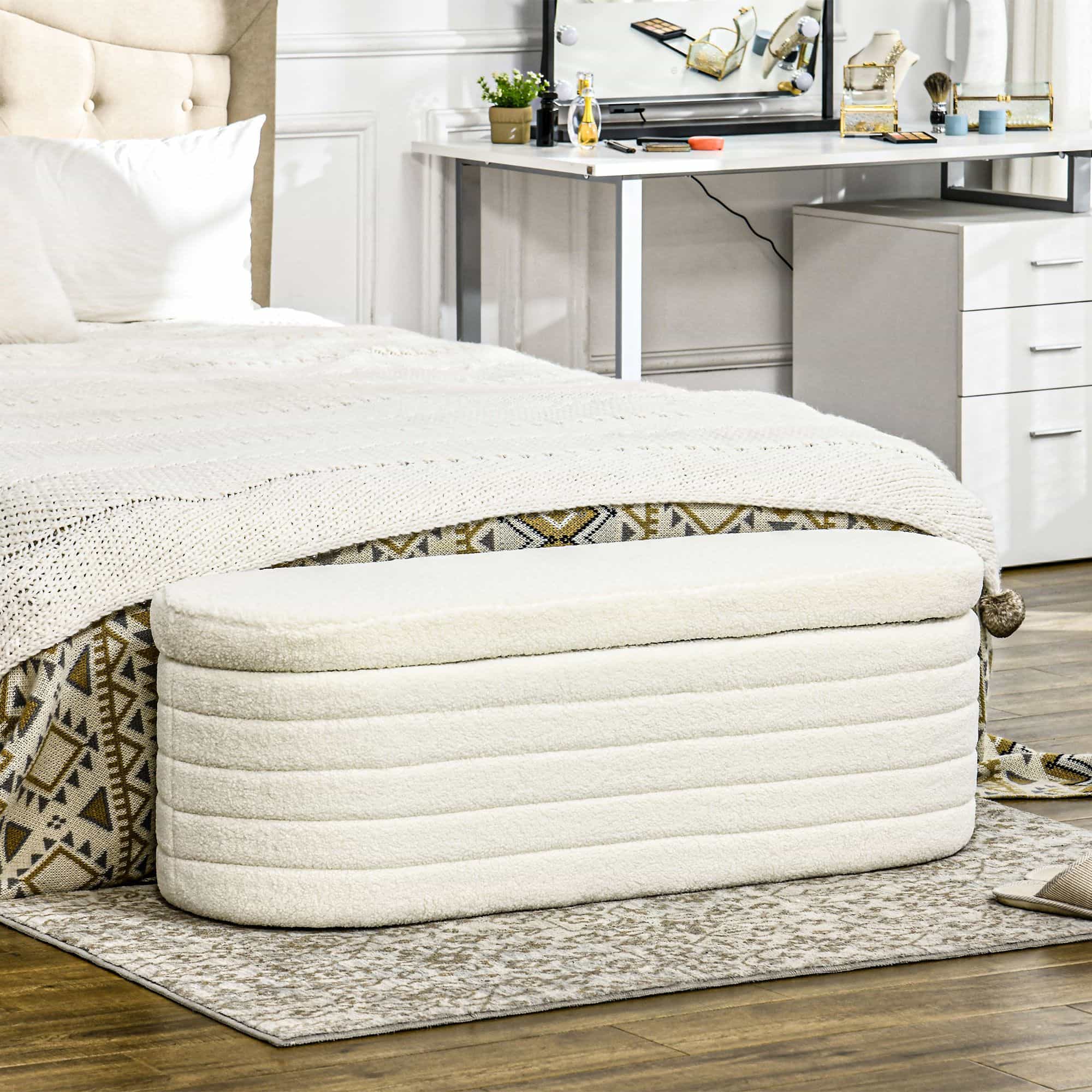 4goodz Bedbank Hocker poef met Opbergruimte - teddyfleece - 41x116x40 cm - Creme